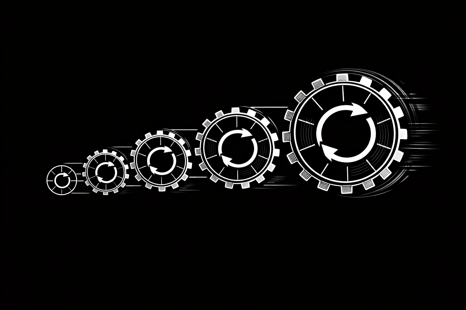 Five interconnected gears showing compounding momentum and exponential growth