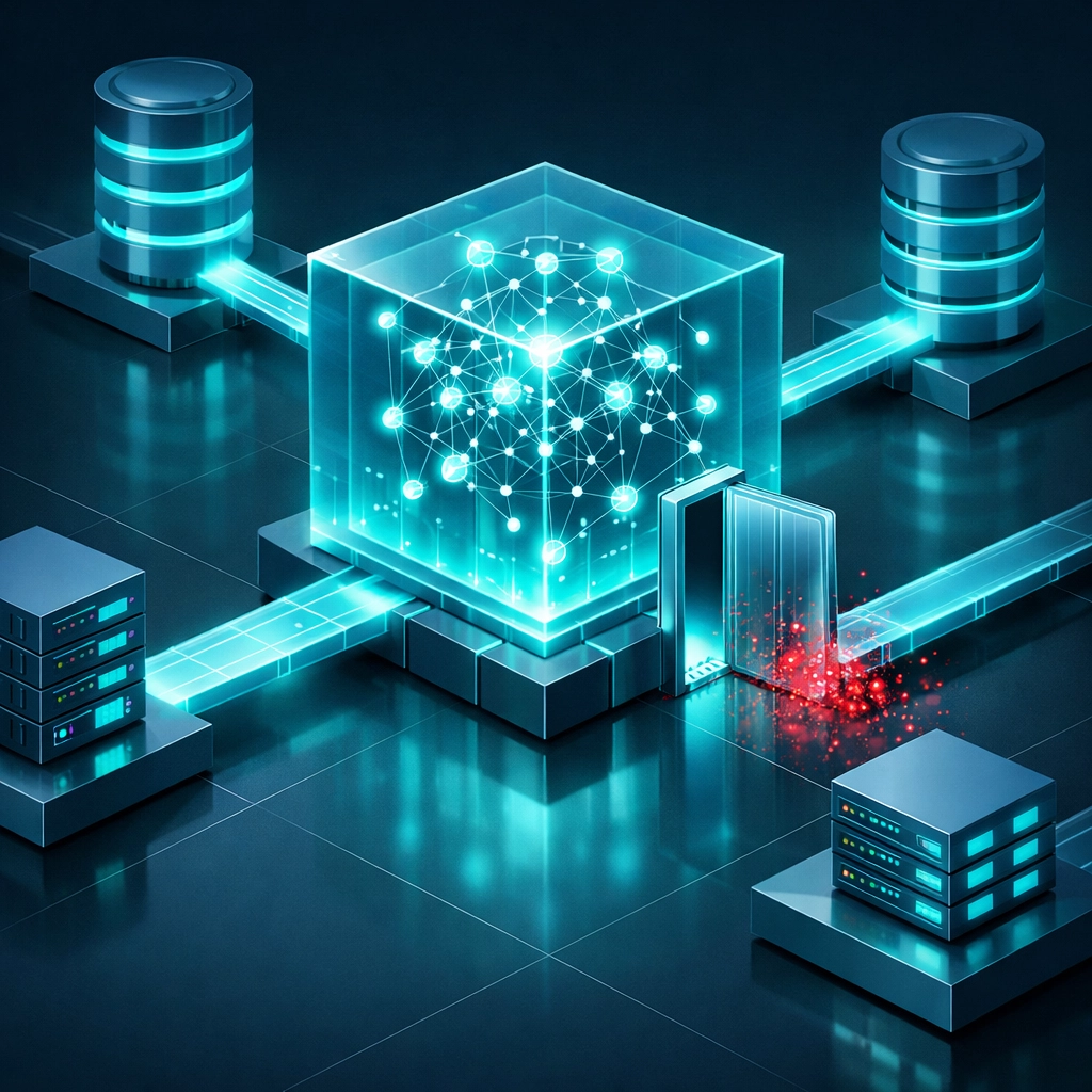 Isometric view of a glowing AI core with a digital backdoor exposing sensitive business data to hackers.