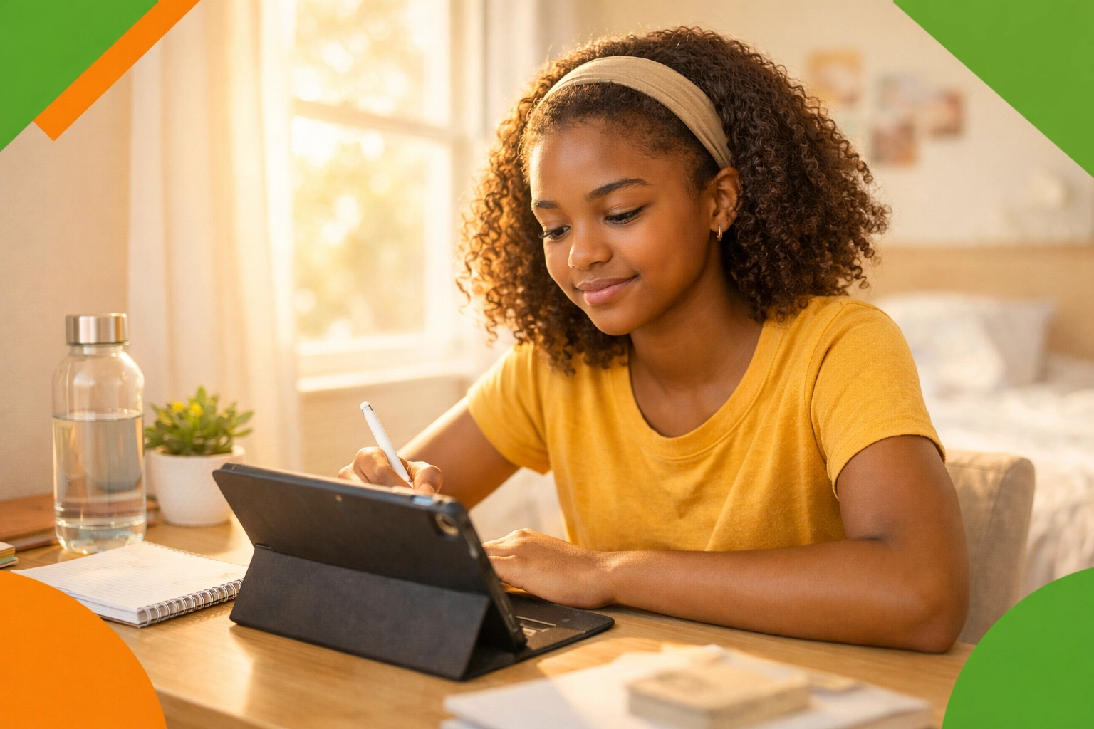 Teen girl engaged in self-paced life skills learning with focus and confidence