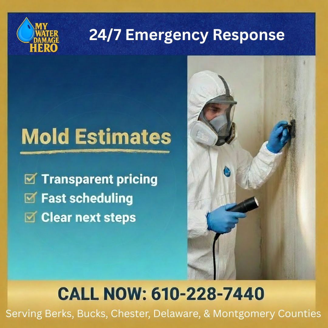 Technician in protective gear inspecting mold on a wall