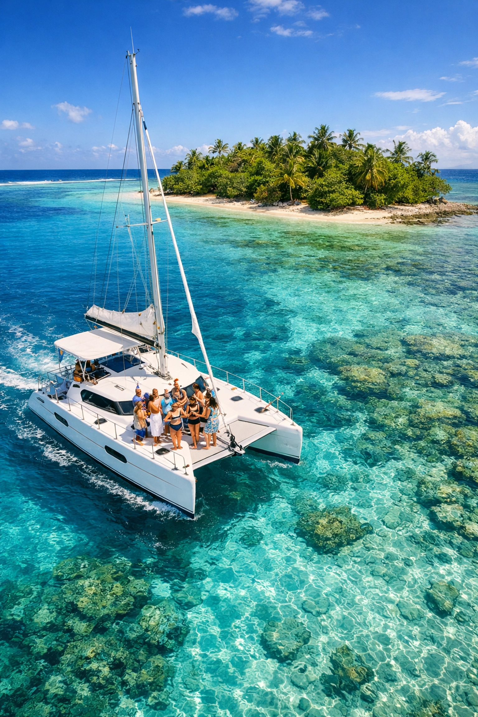 Aerial view of a private catamaran excursion for a custom group birthday cruise celebration.