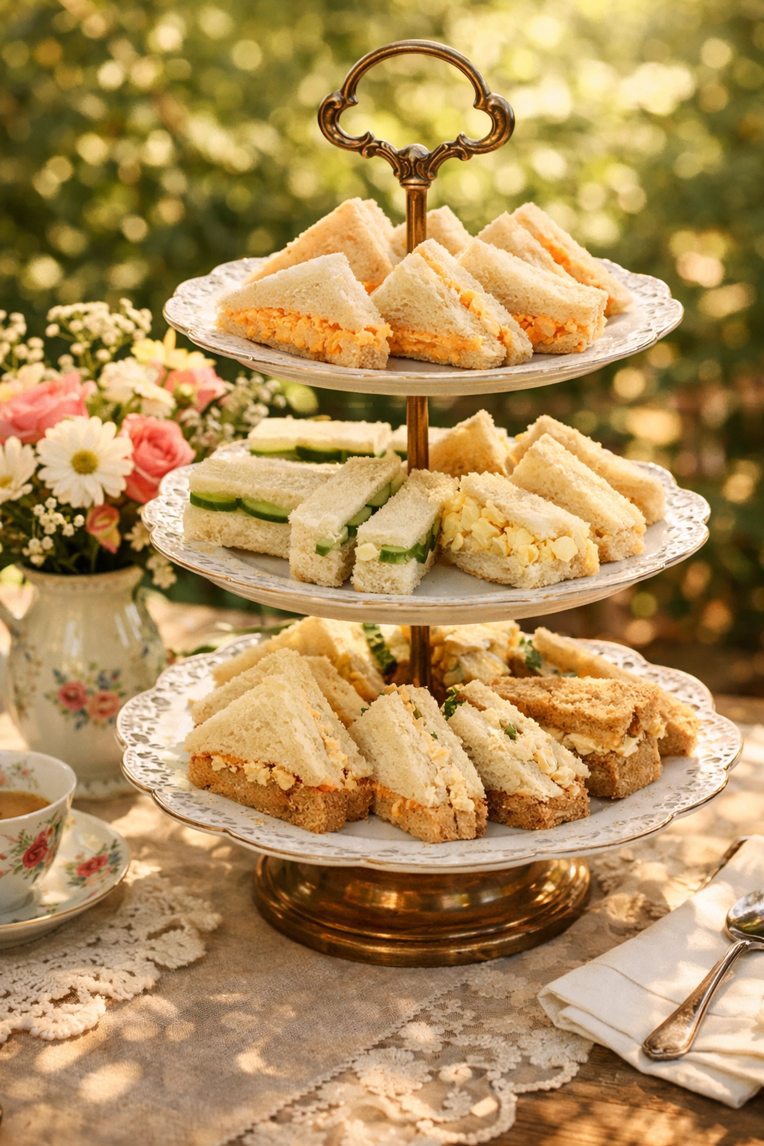 Tiered serving stand with assorted Southern tea sandwiches for garden party or bridal shower