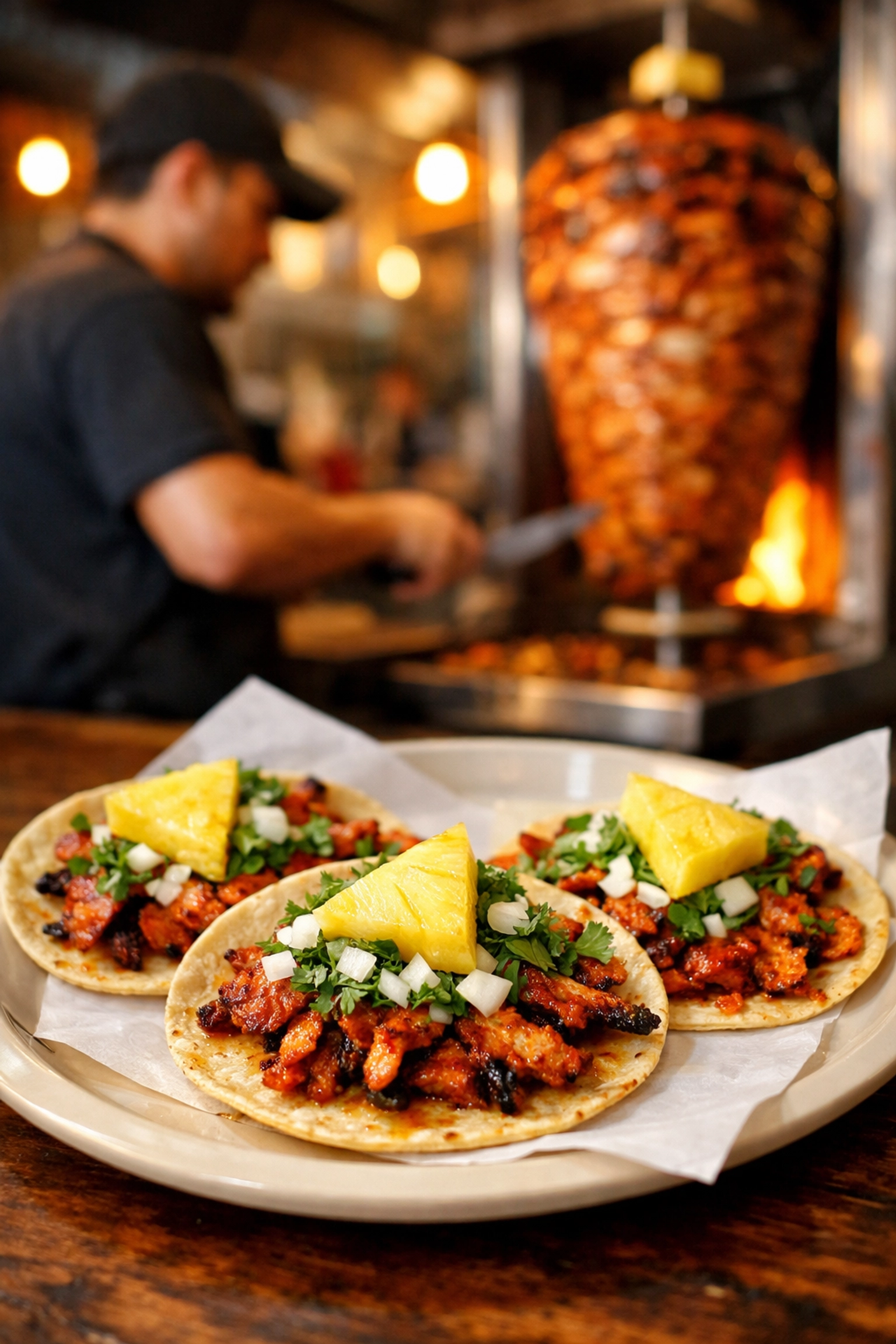 Three authentic pork al pastor tacos with pineapple and cilantro from a Mexico City street food stall.