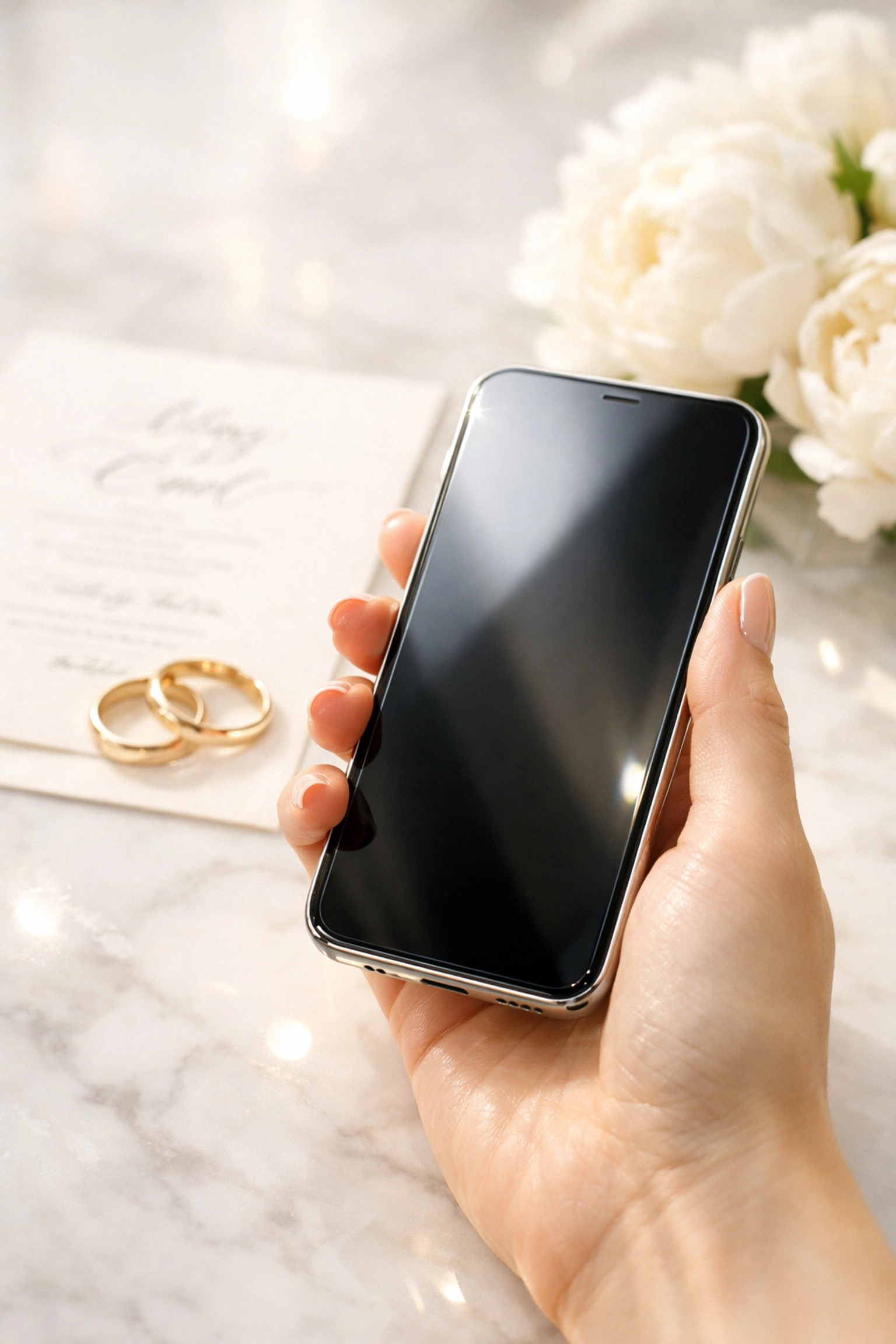 Using a smartphone to manage digital wedding RSVPs and guest funding contributions.