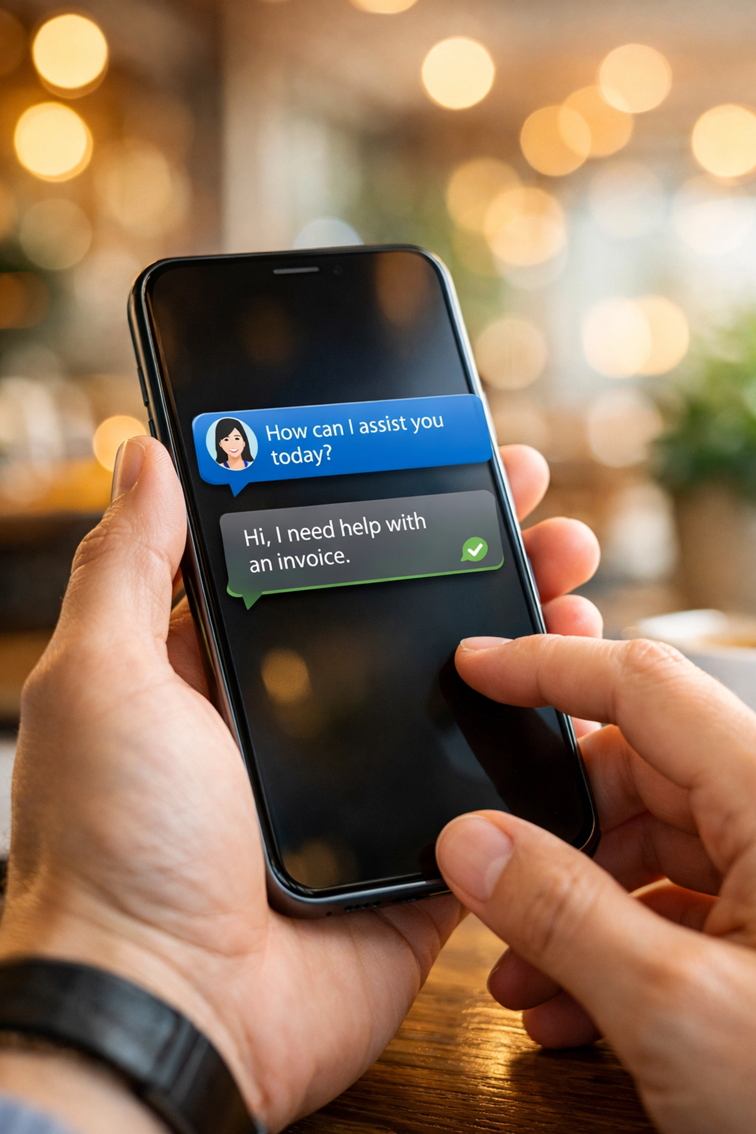 Close-up of a mobile phone showing a website chat feature to help small businesses capture leads.