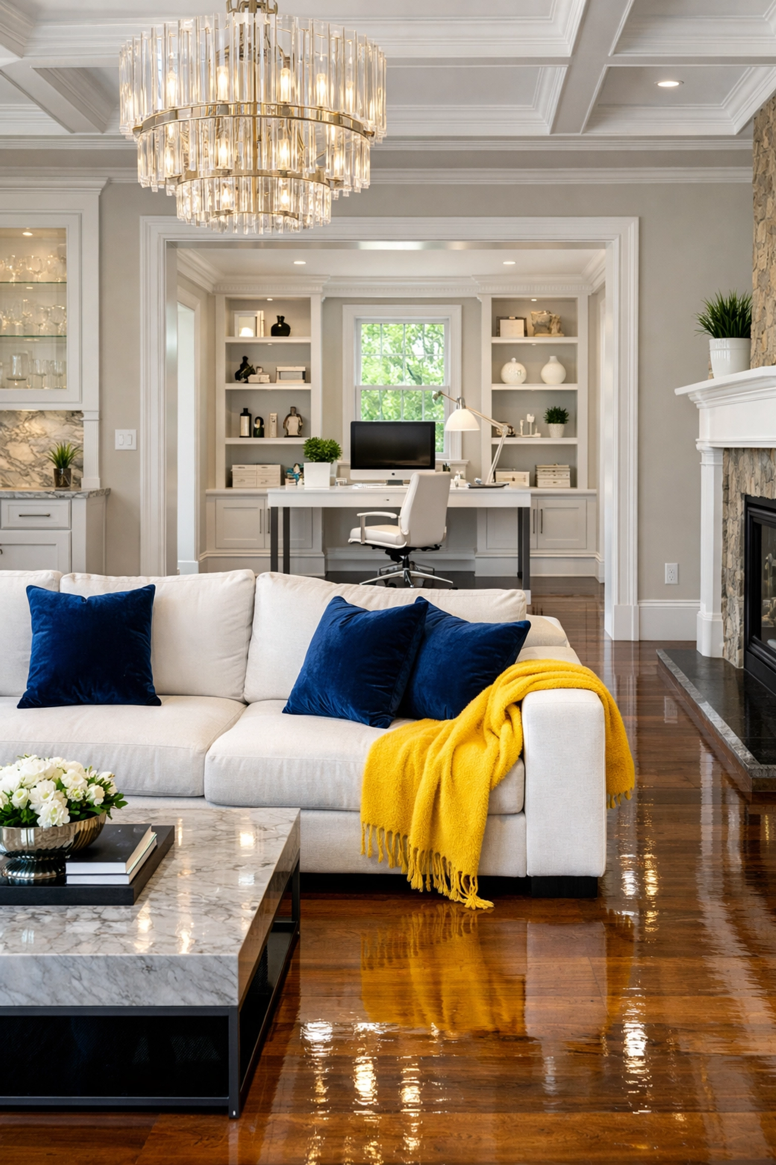 Immaculate Massachusetts living area and home office illustrating high-quality residential and office cleaning services.