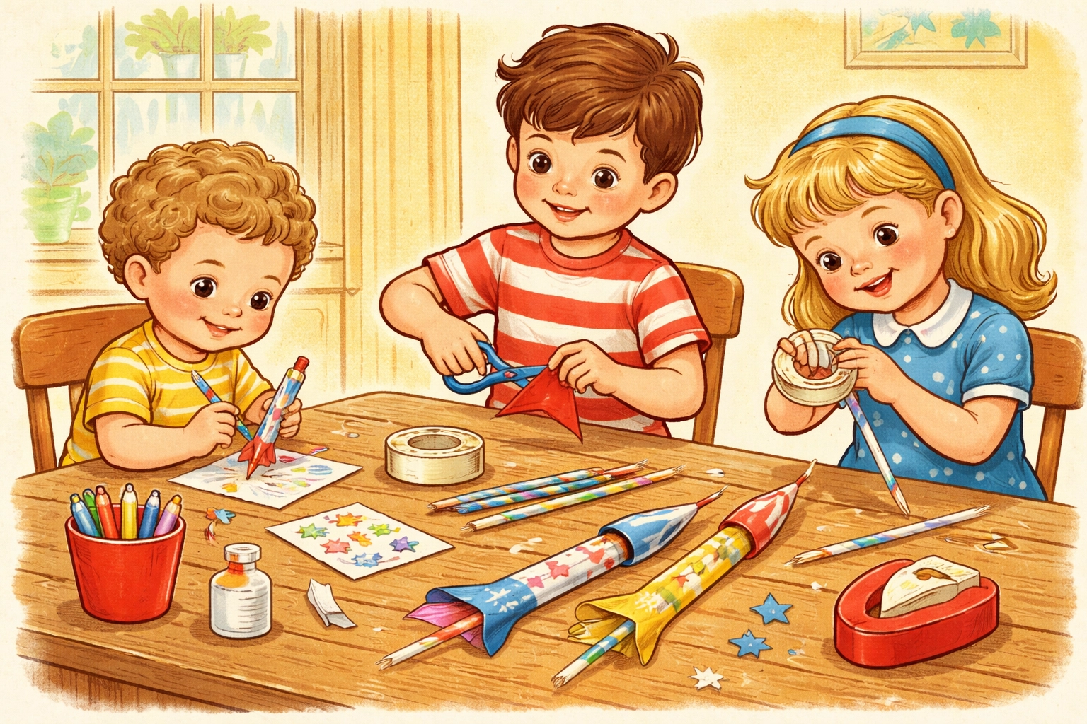 Children of different ages working together on straw rocket crafts, showing various skill levels.