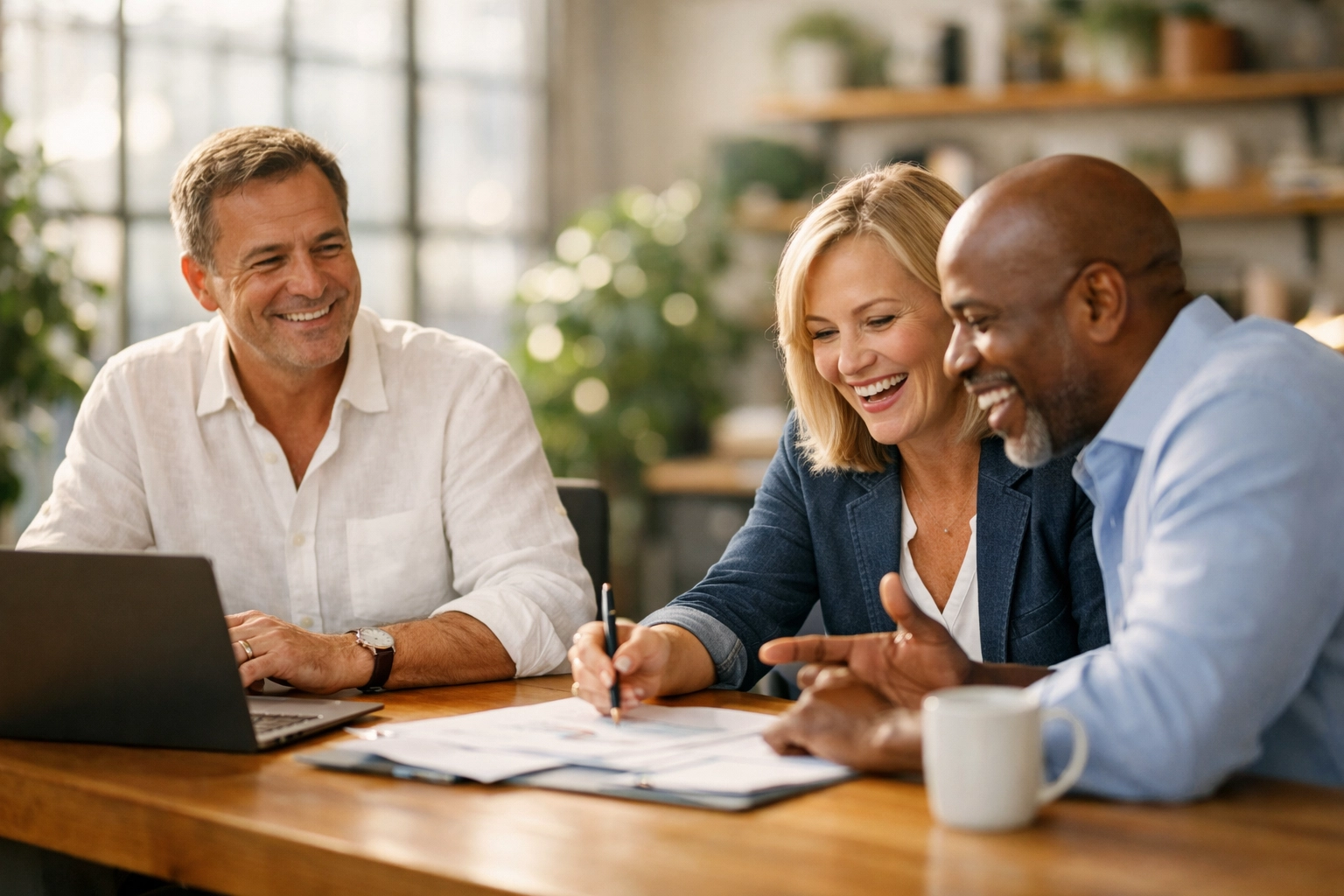 A supportive business team collaborating in a bright office, helping a sober entrepreneur delegate and grow.
