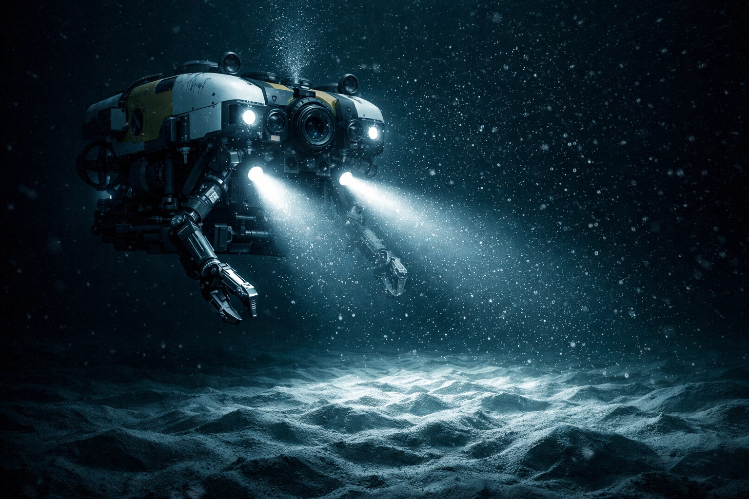 Deep-sea ROV submersible exploring the dark Atlantic ocean floor for missing shipwreck gold coins.