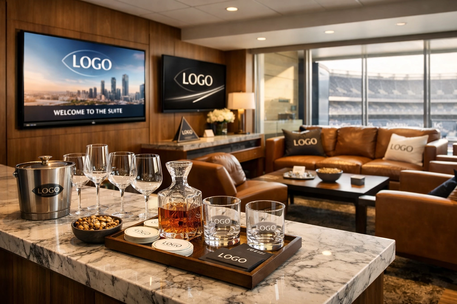 Branded luxury hospitality suite for Super Bowl corporate entertainment and VIP guest experiences