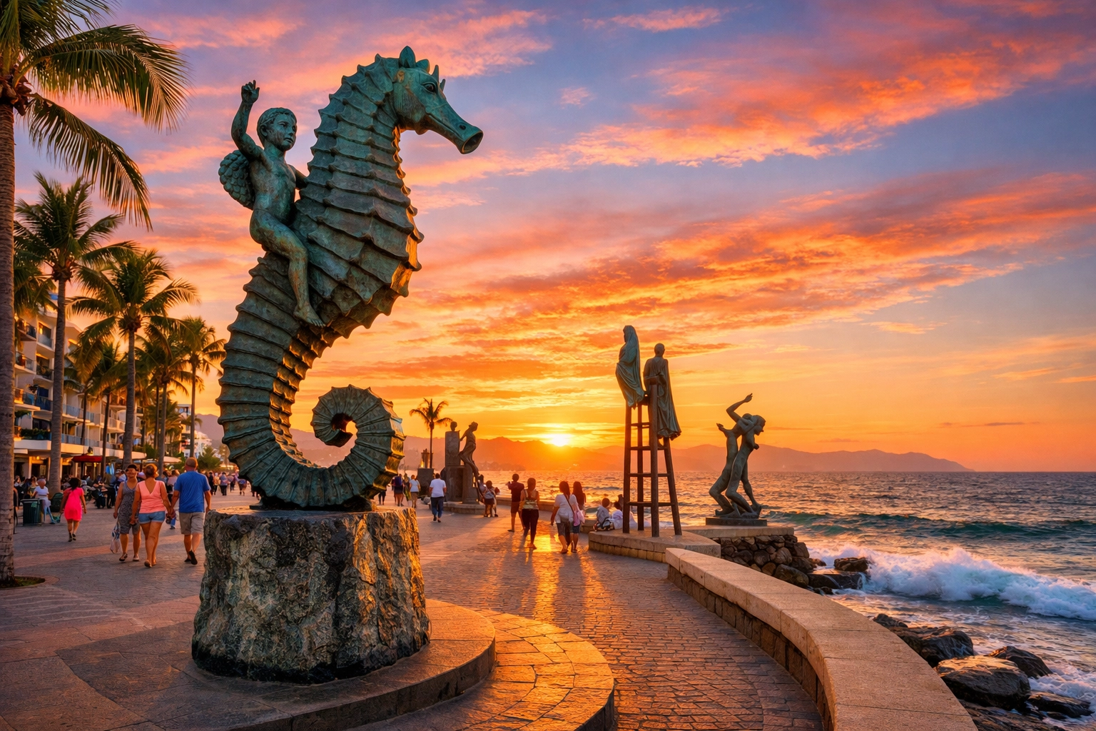Bronze Boy on Seahorse sculpture on Puerto Vallarta Malecón boardwalk at sunset with ocean views