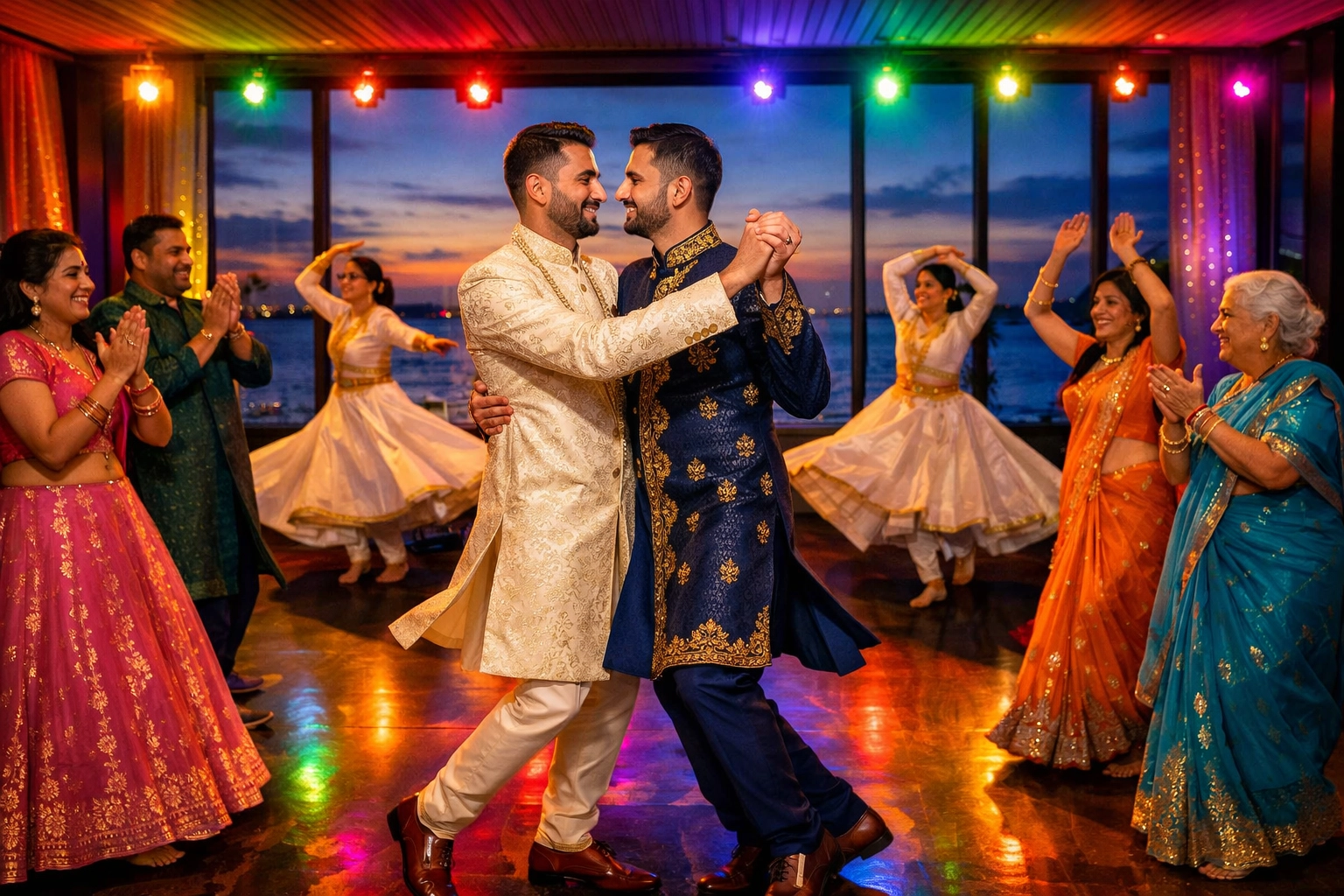Gay couple dances at sangeet celebration in Mumbai with rainbow lights and family