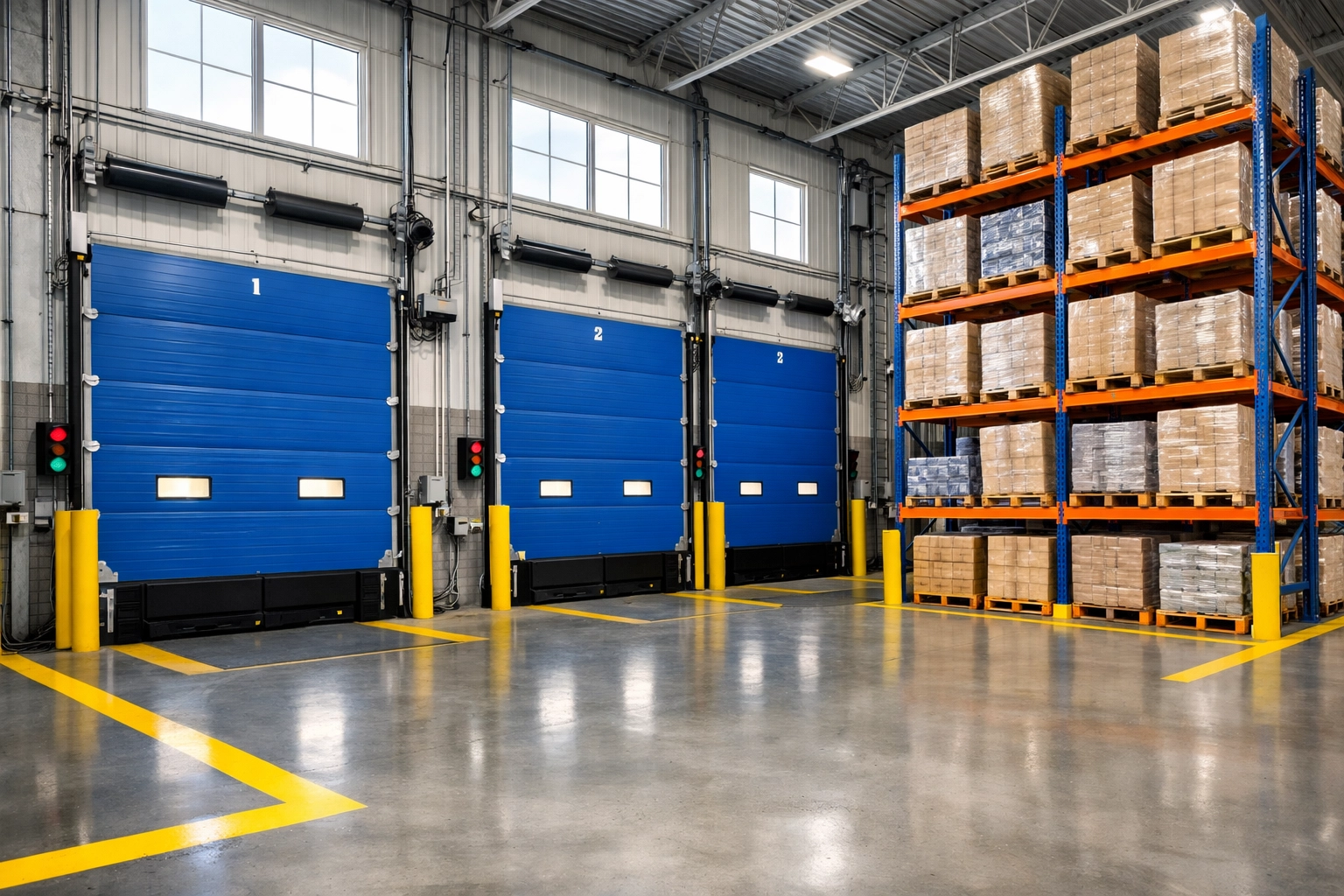 Spotless industrial loading dock and warehouse staging area in a professionally cleaned facility.