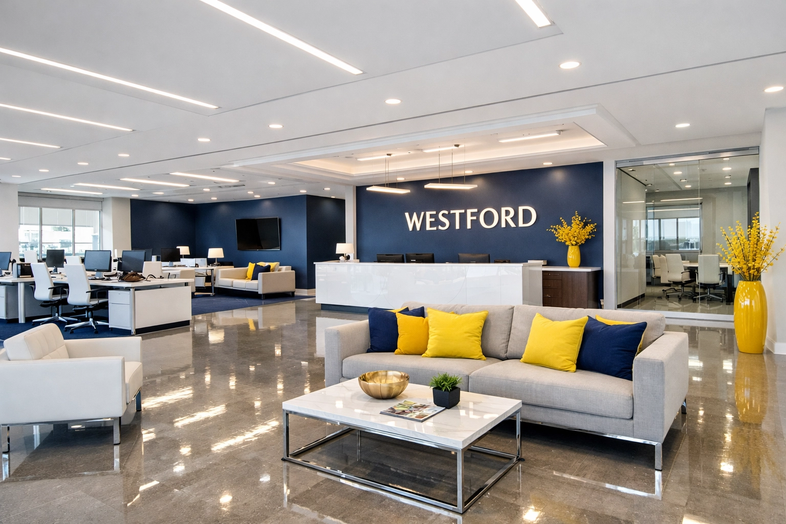 A sparkling clean Westford office suite with polished floors and a professional atmosphere after expert cleaning.