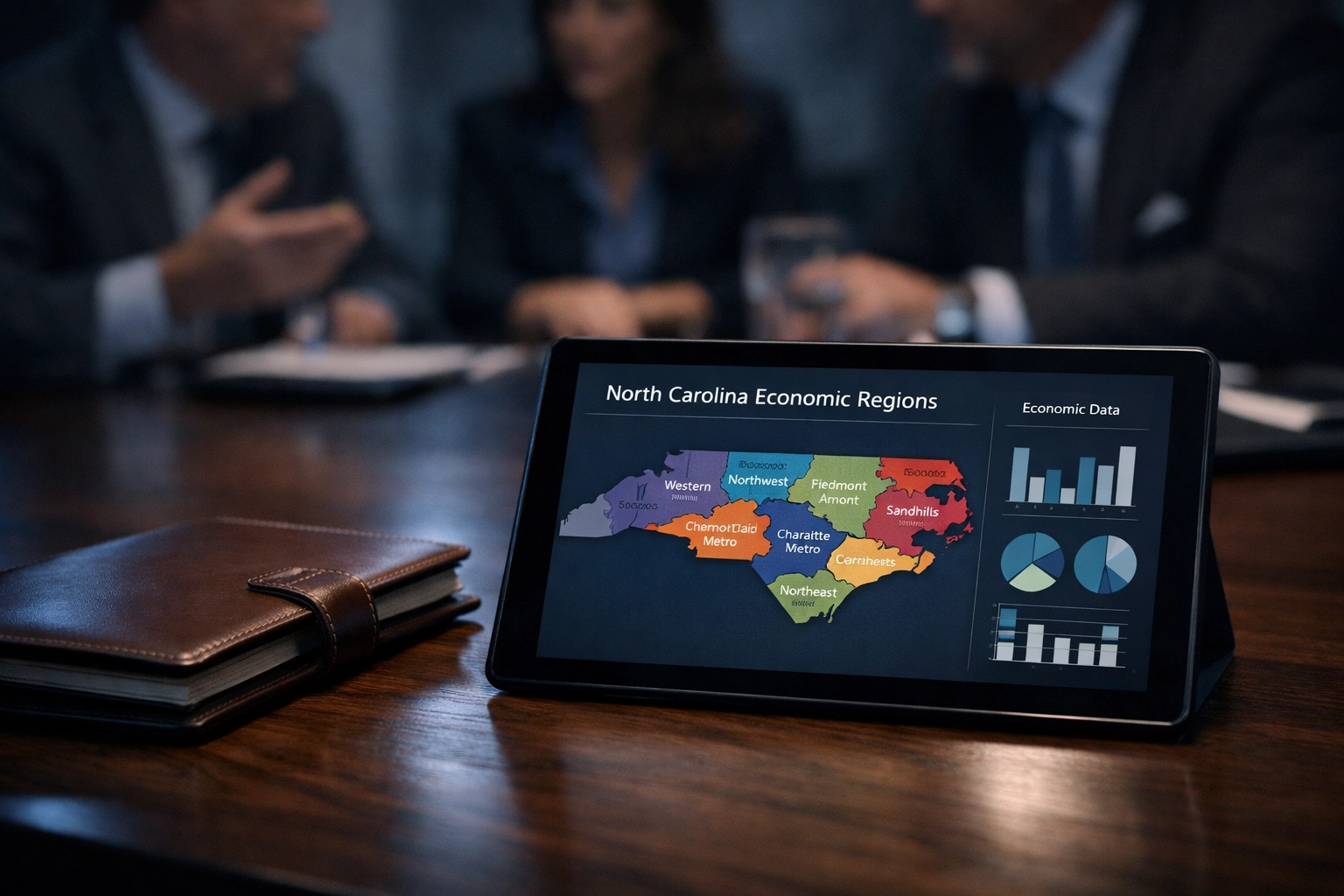 Confidential business meeting in a boardroom featuring a digital map of North Carolina's economic growth regions.