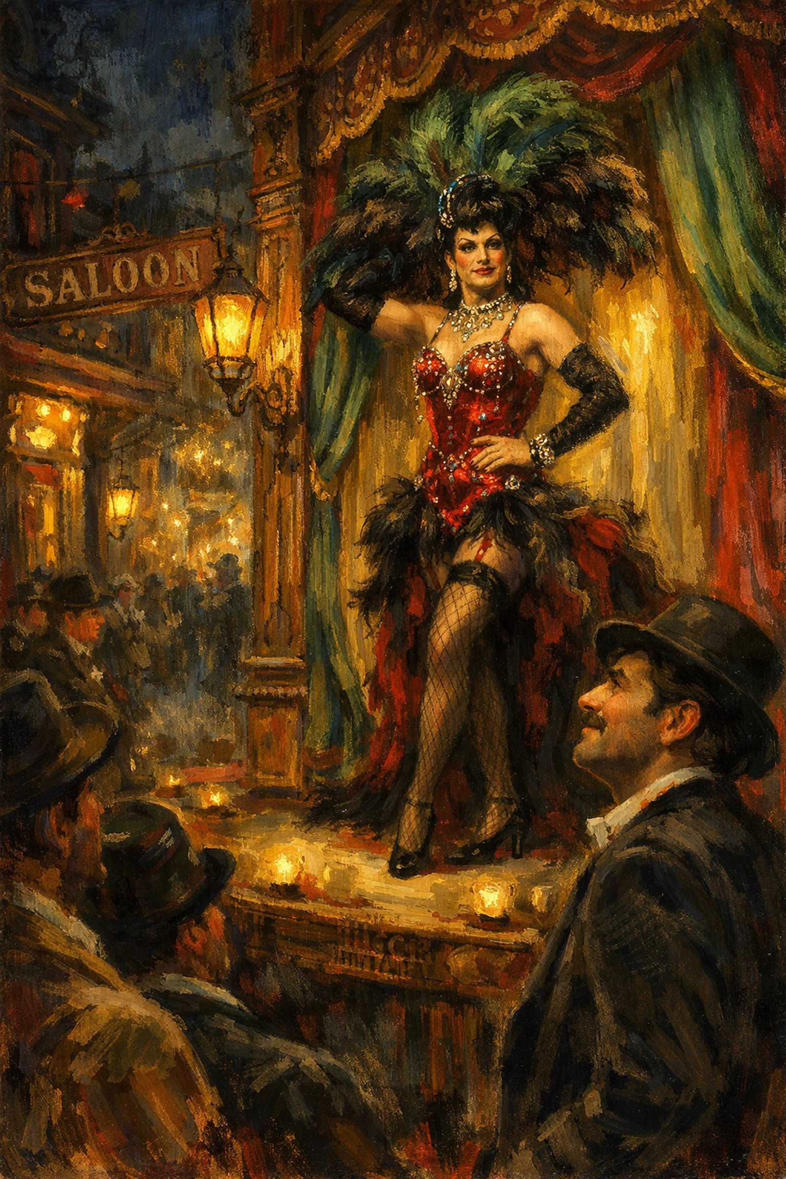 Male performer in drag on stage at San Francisco's Barbary Coast, 1890s