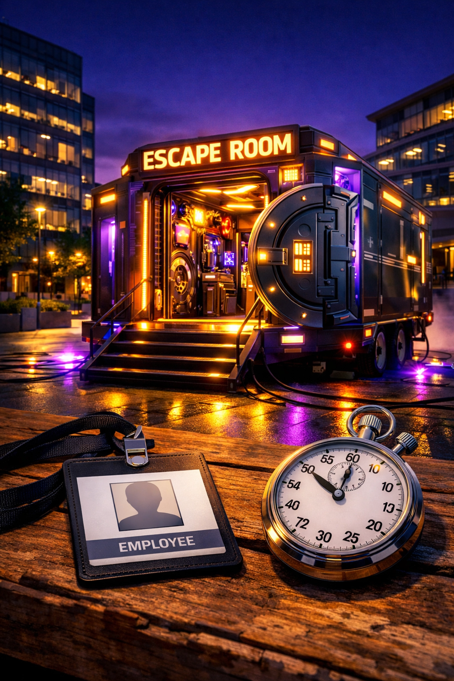 A glowing mobile escape room unit in a corporate plaza for high-energy event entertainment.