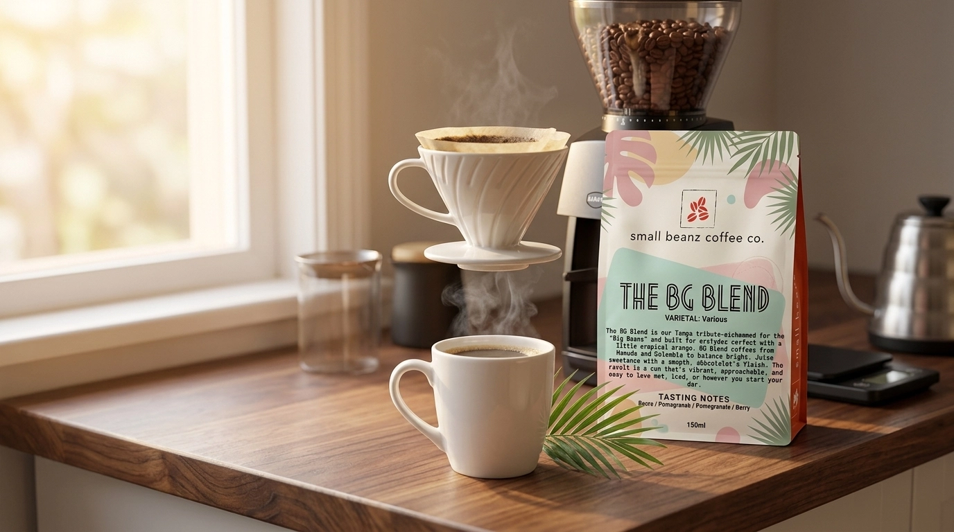 Fresh coffee brewing setup at home with whole beans and a steaming cup