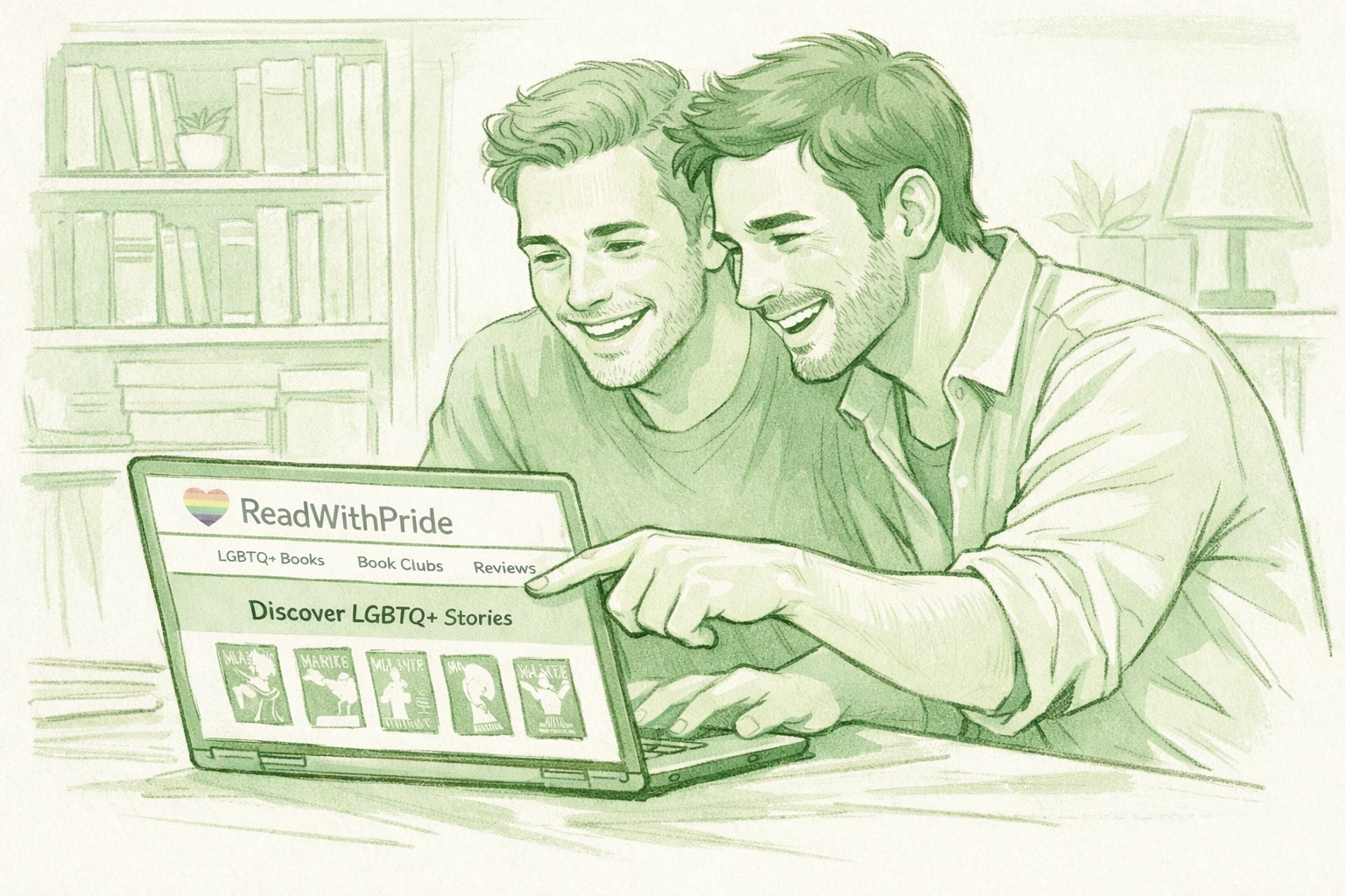 Gay authors discovering ReadWithPride platform on laptop for publishing MM romance ebooks