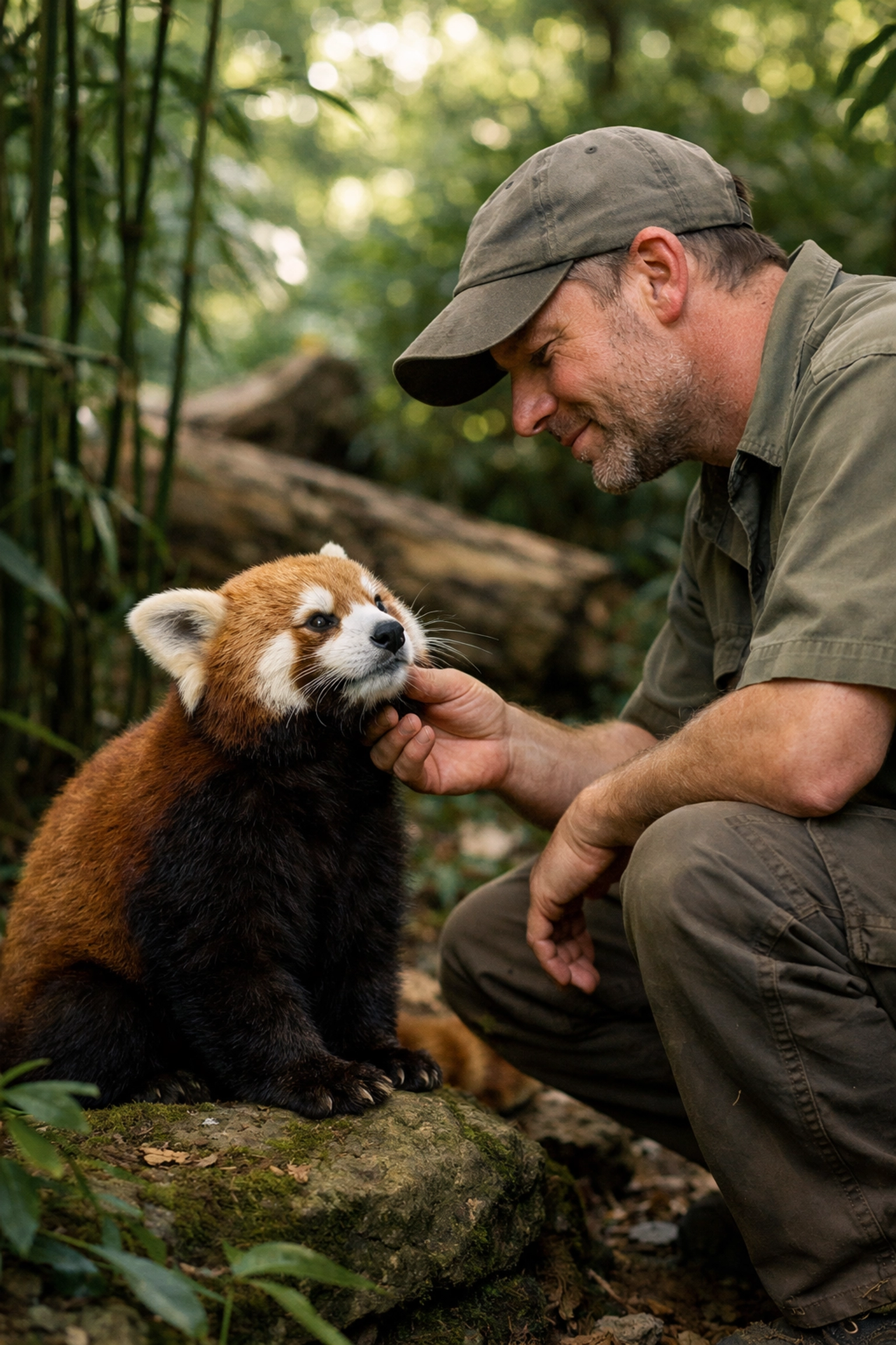 Zookeeper kneeling beside a red panda in a lush habitat showing authentic animal care and connection.