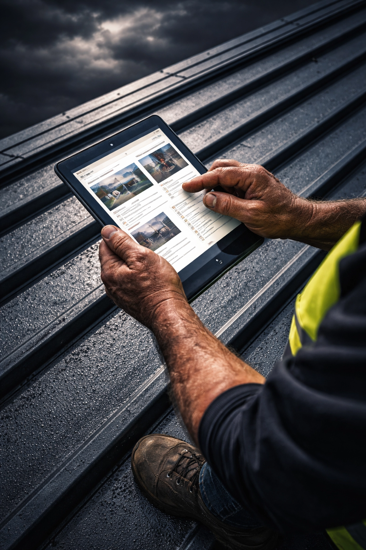 Close-up of a roofer inspecting a metal roof with a tablet, showing modern maintenance and digital skills.