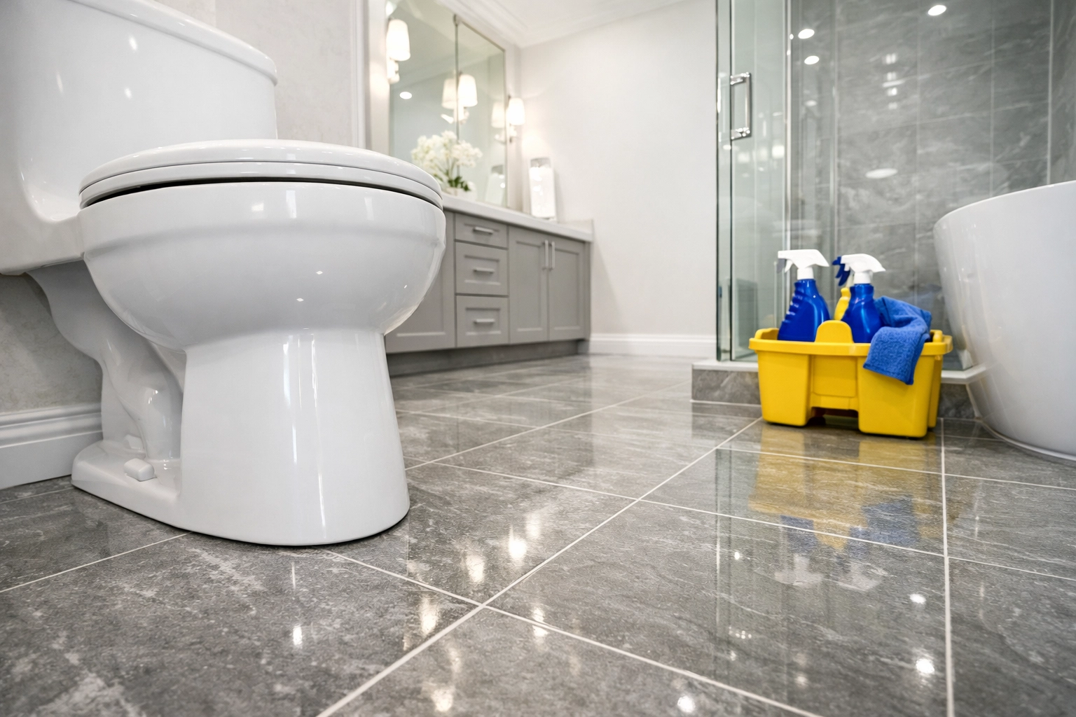 Spotless luxury bathroom in Pepperell MA showing professional residential cleaning around the toilet.