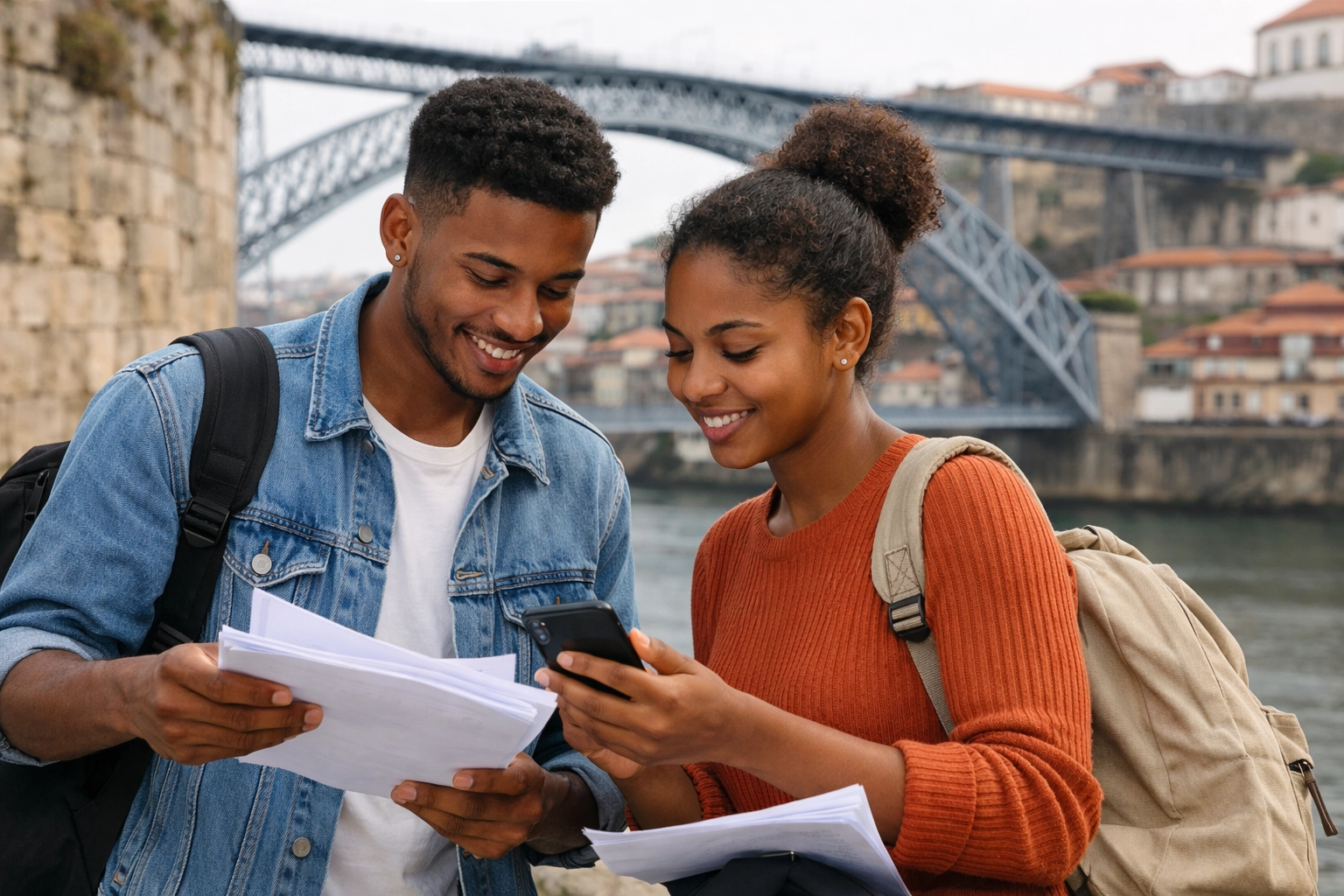 Dois estudantes cabo-verdianos no Porto a conferir documentos e agenda perto de um edifício histórico, com ar atento