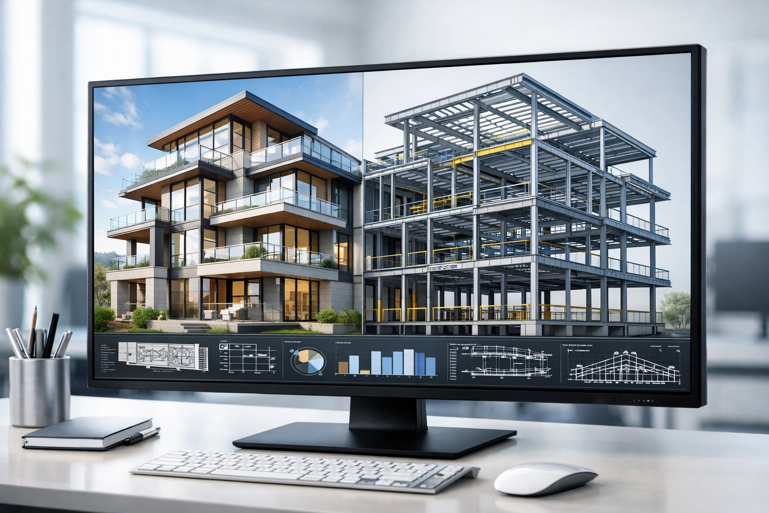 Structural engineering software displaying RSJ calculations and steel framework for a home renovation.