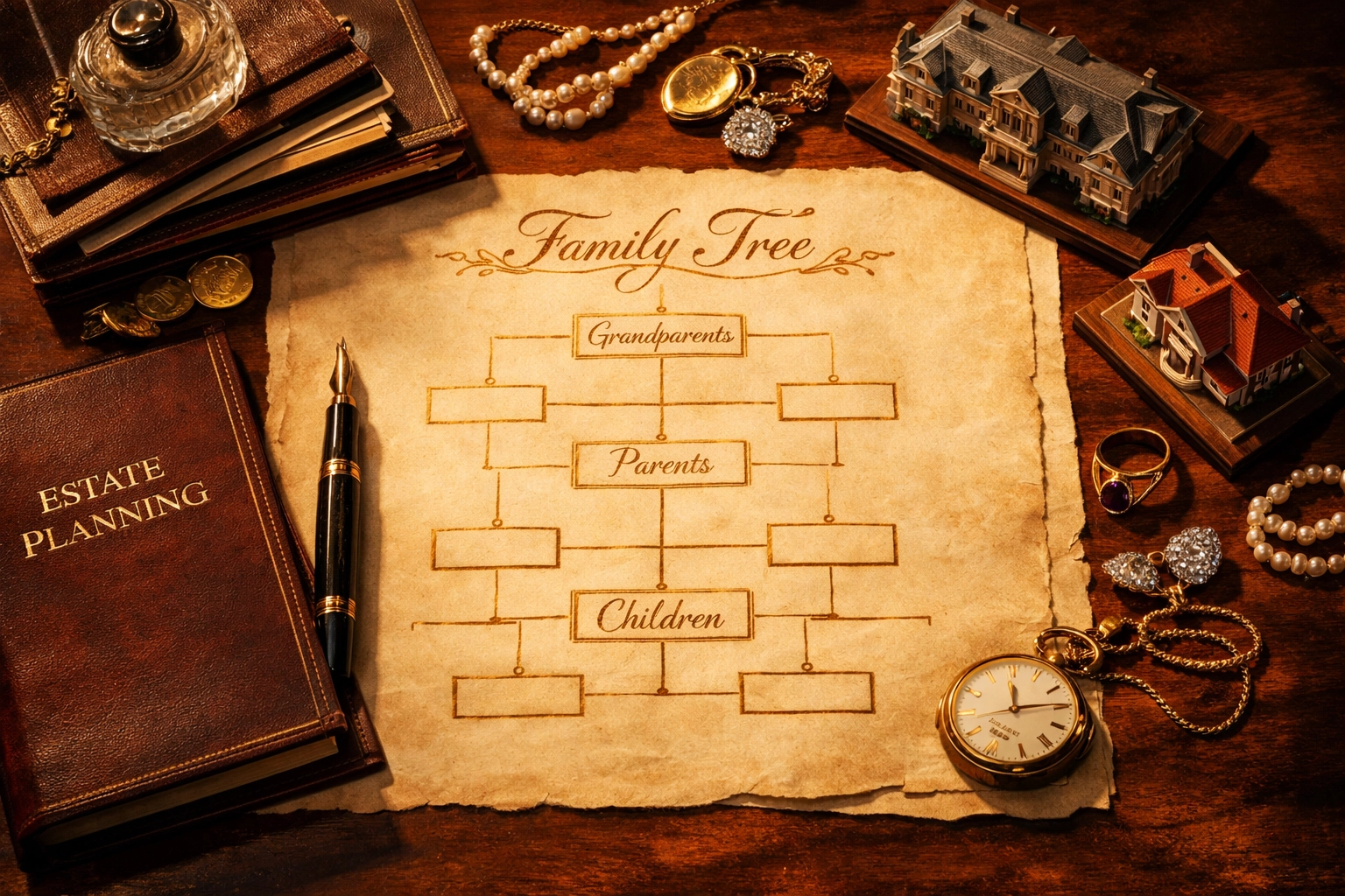 Estate planning documents and family tree diagram illustrating multi-generational wealth transfer strategies