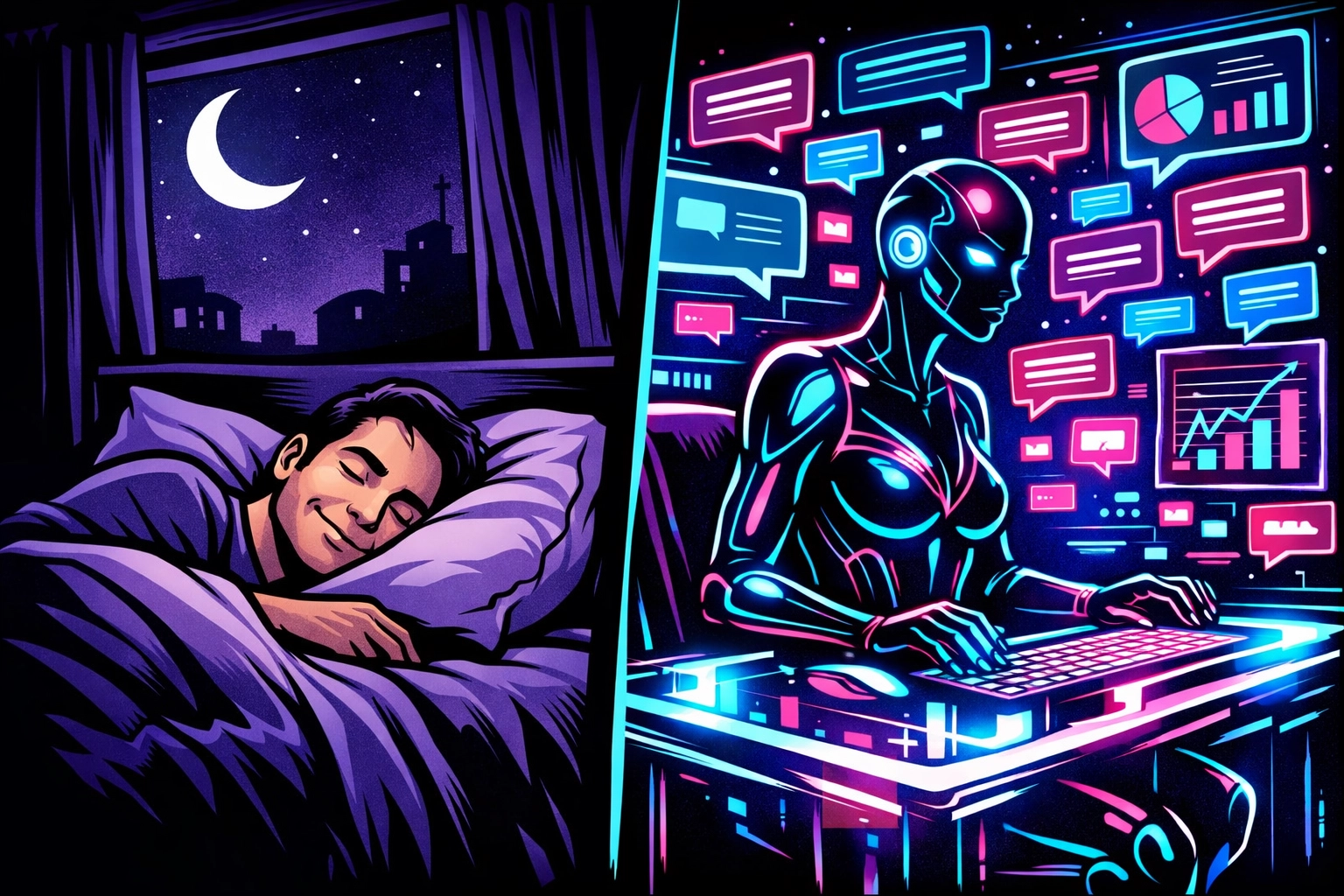 An AI virtual assistant managing customer support and data while the small business owner sleeps.