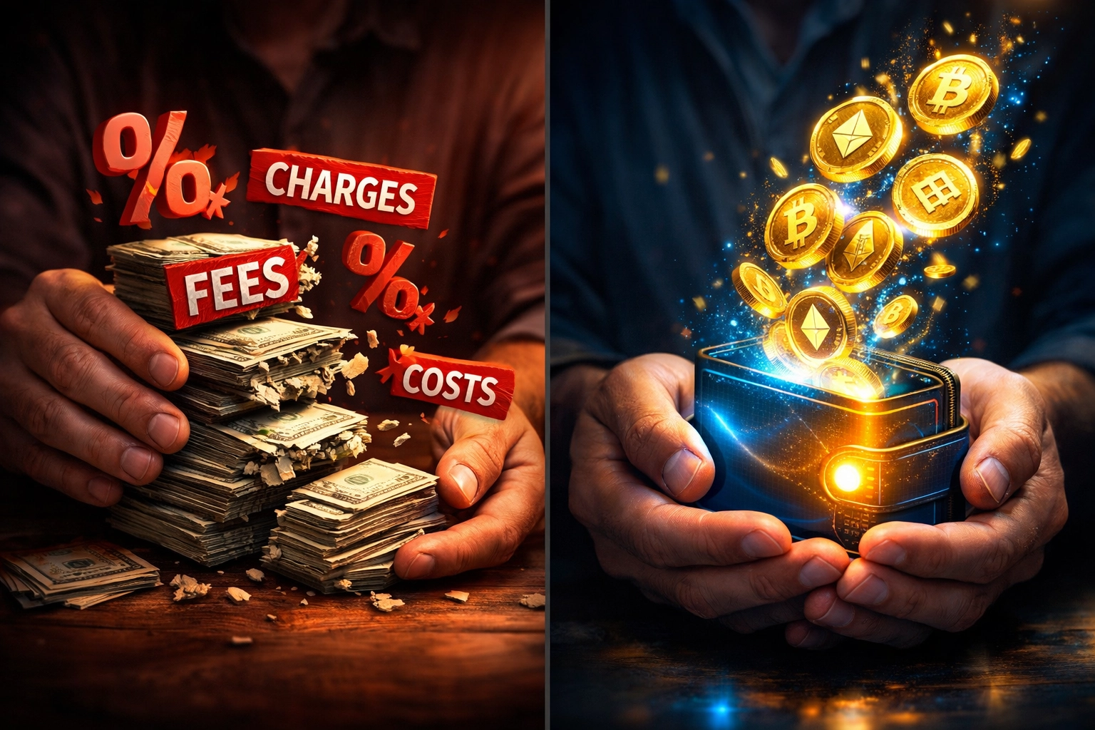 Traditional payment processor fees versus self-custody crypto wallet with zero middleman costs