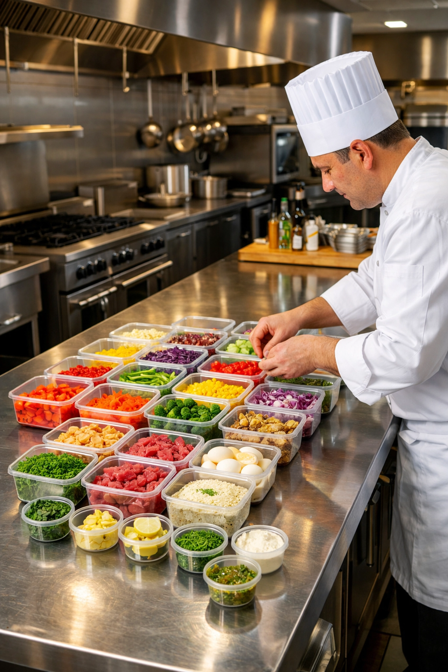Professional kitchen prep station with organized ingredients and containers
