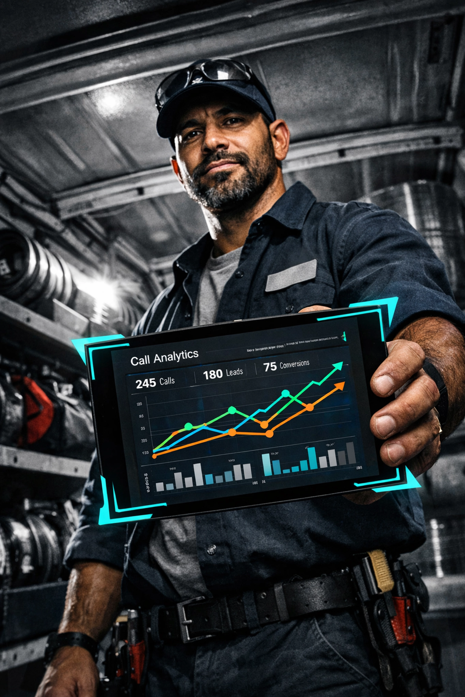 HVAC contractor reviewing call tracking analytics dashboard on tablet