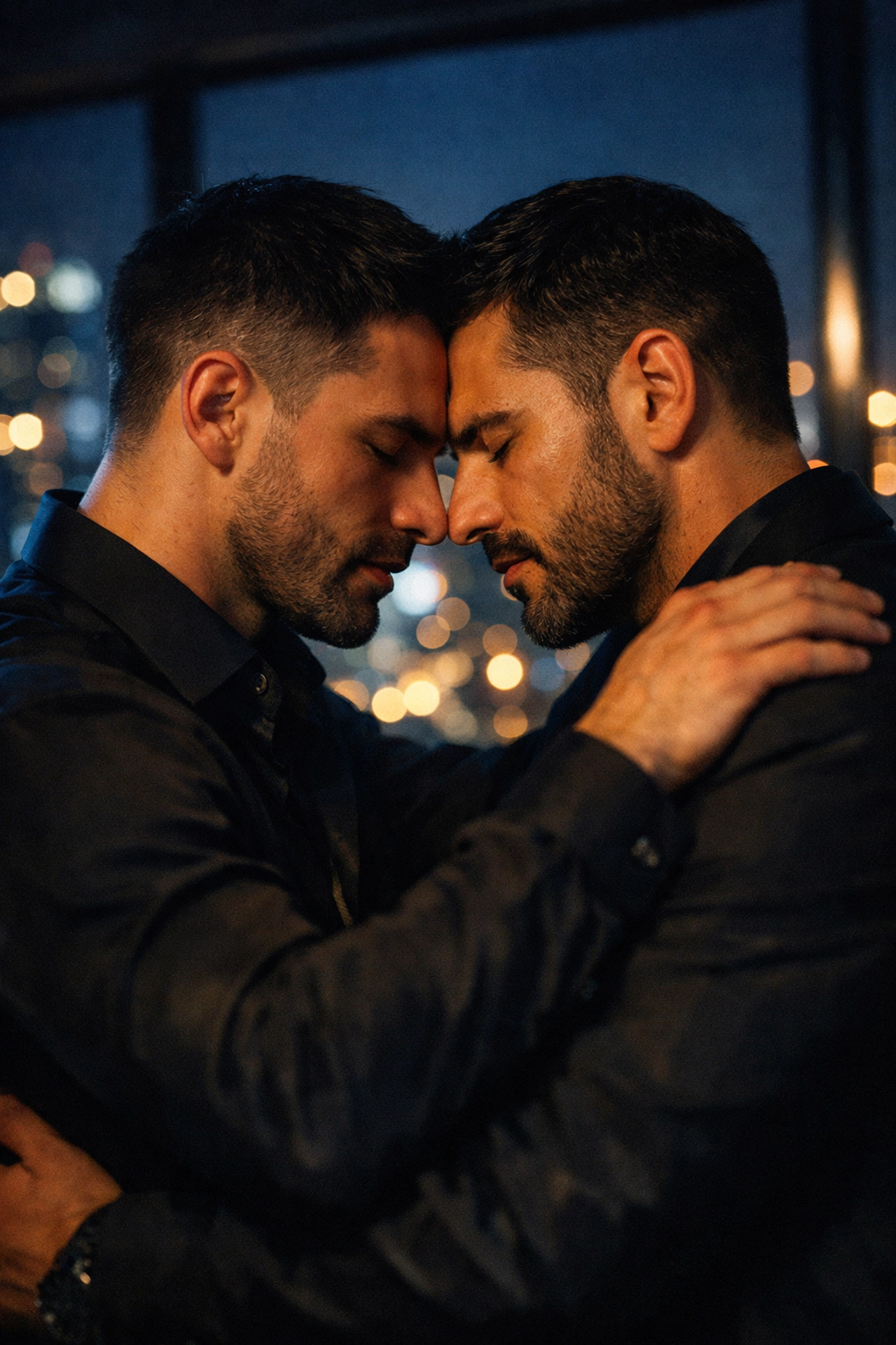Two men in a soulful embrace against a night city skyline, representing love and loyalty in queer fiction.
