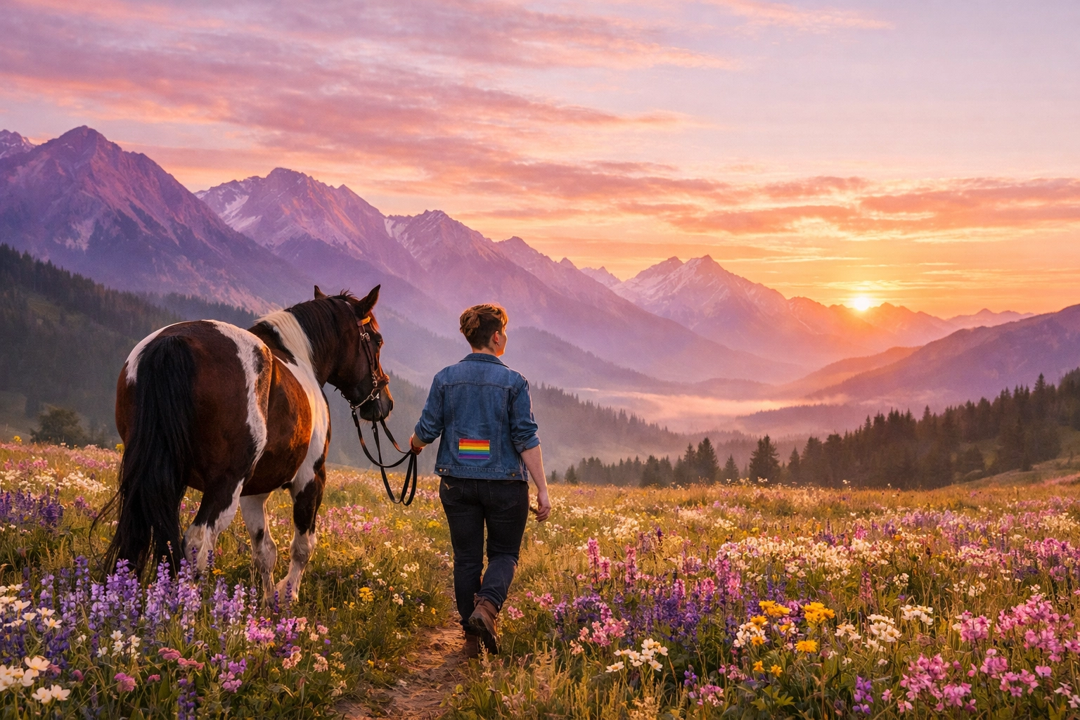 A lesbian woman leading her horse through a scenic mountain meadow at sunrise, finding peace in nature.