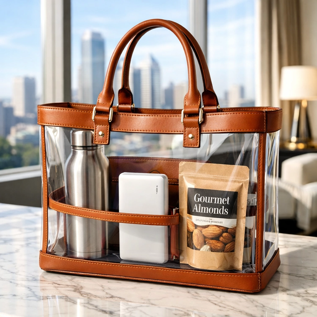 Luxury transparent stadium-compliant tote bag with corporate essentials in a high-end hotel suite.