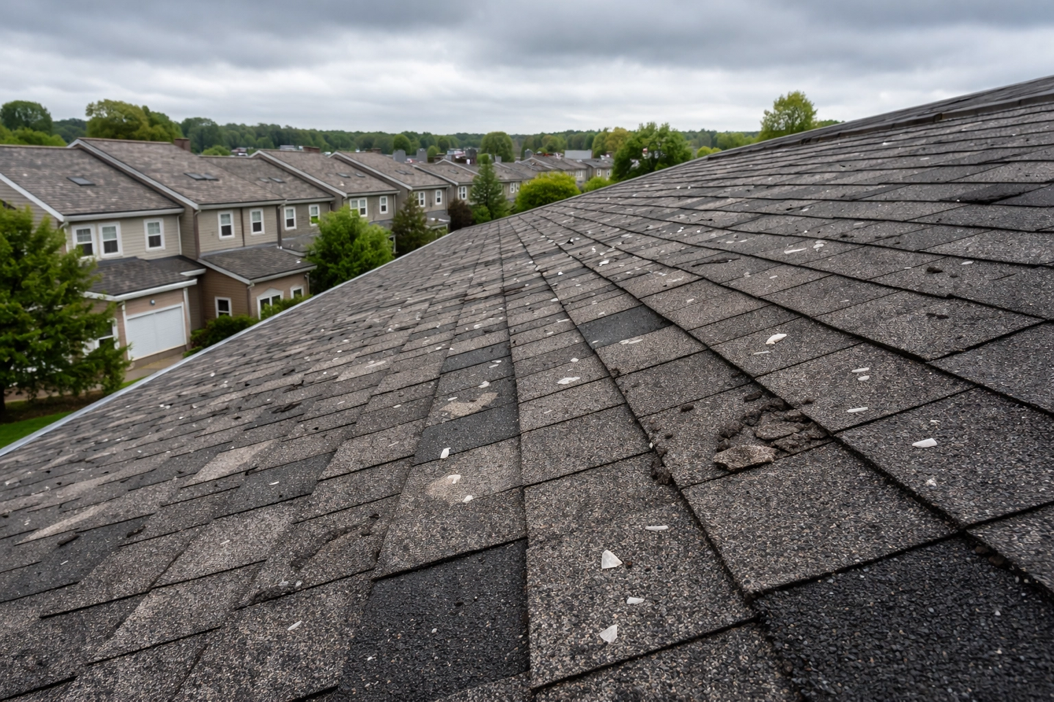 Rooftop hail damage after a storm in a Cincinnati-area neighborhood, highlighting potential HOA deductible issues