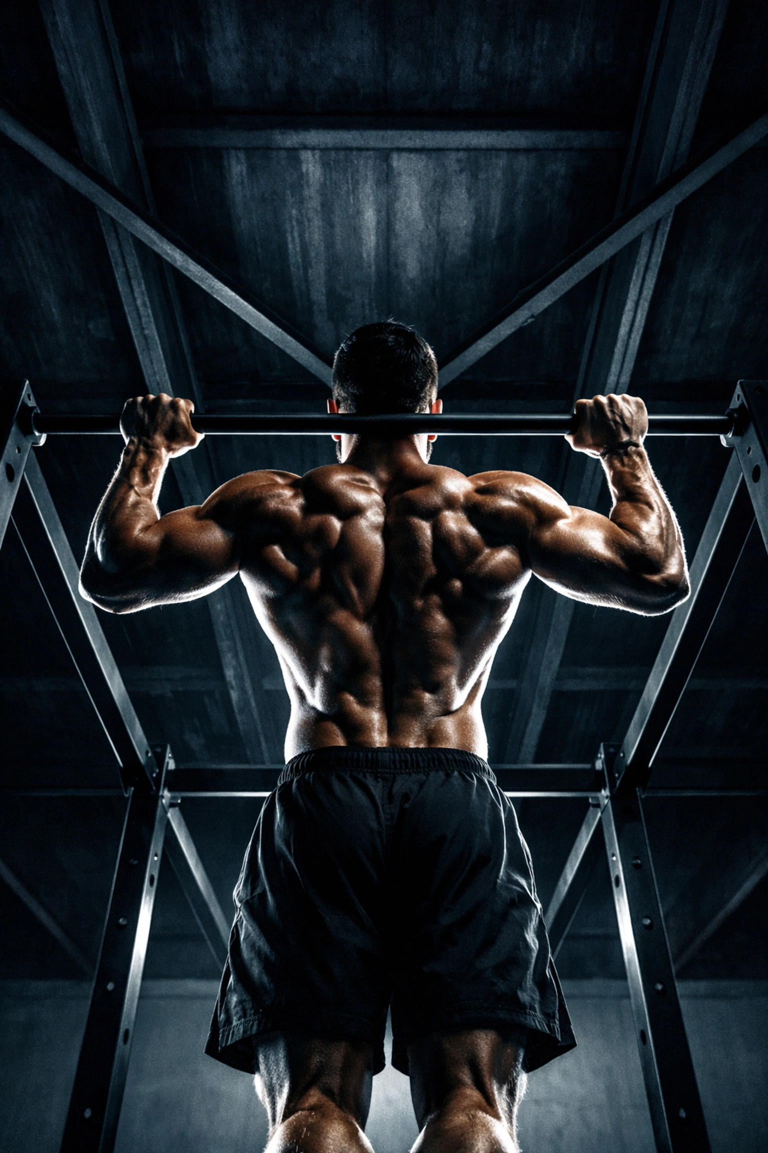 Athlete doing pull-ups on a versatile home gym rail system, a space-saving pull up bar alternative.