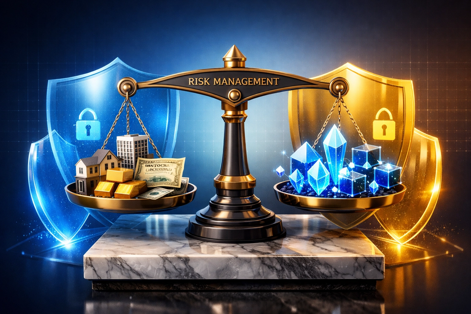 Balanced scale showing traditional assets and digital assets for diversified portfolio risk management