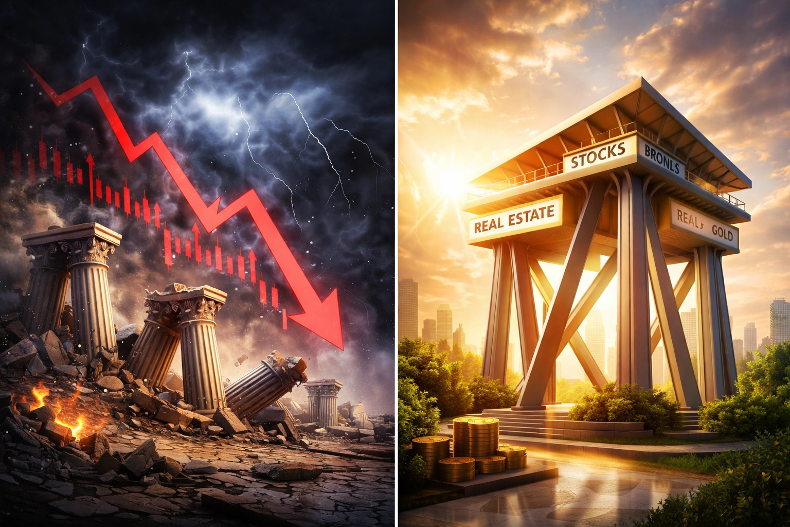 Split view of traditional vs modern investment portfolios depicting 60/40 struggles and 40/30/30 stability.