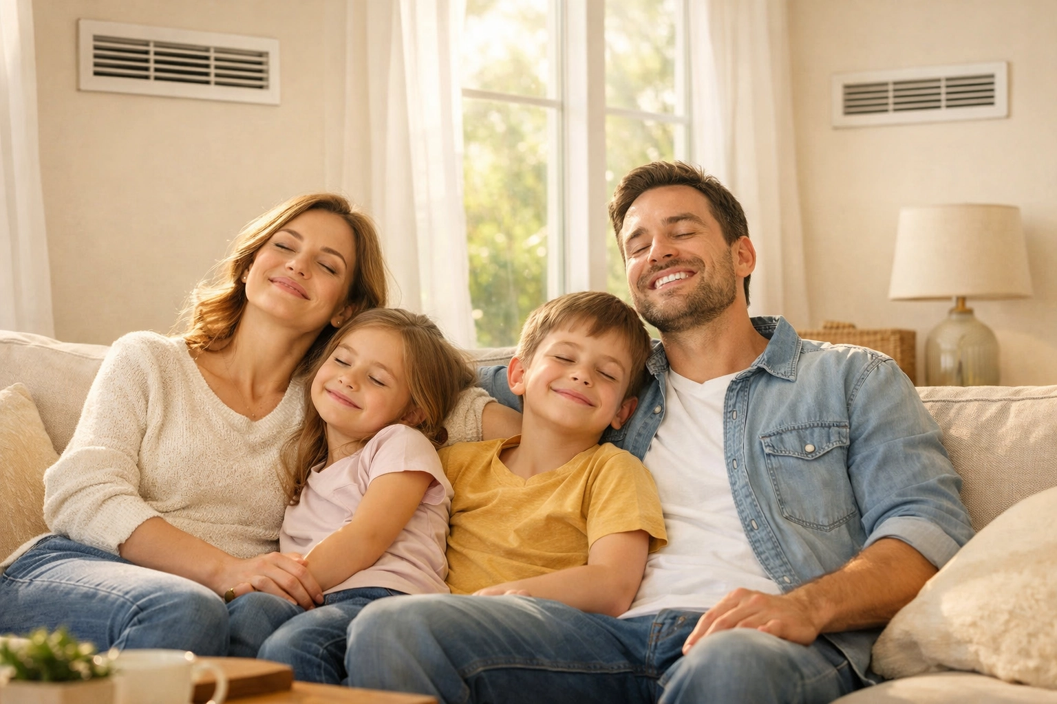 Happy family enjoying clean indoor air quality in Bucks County home living room