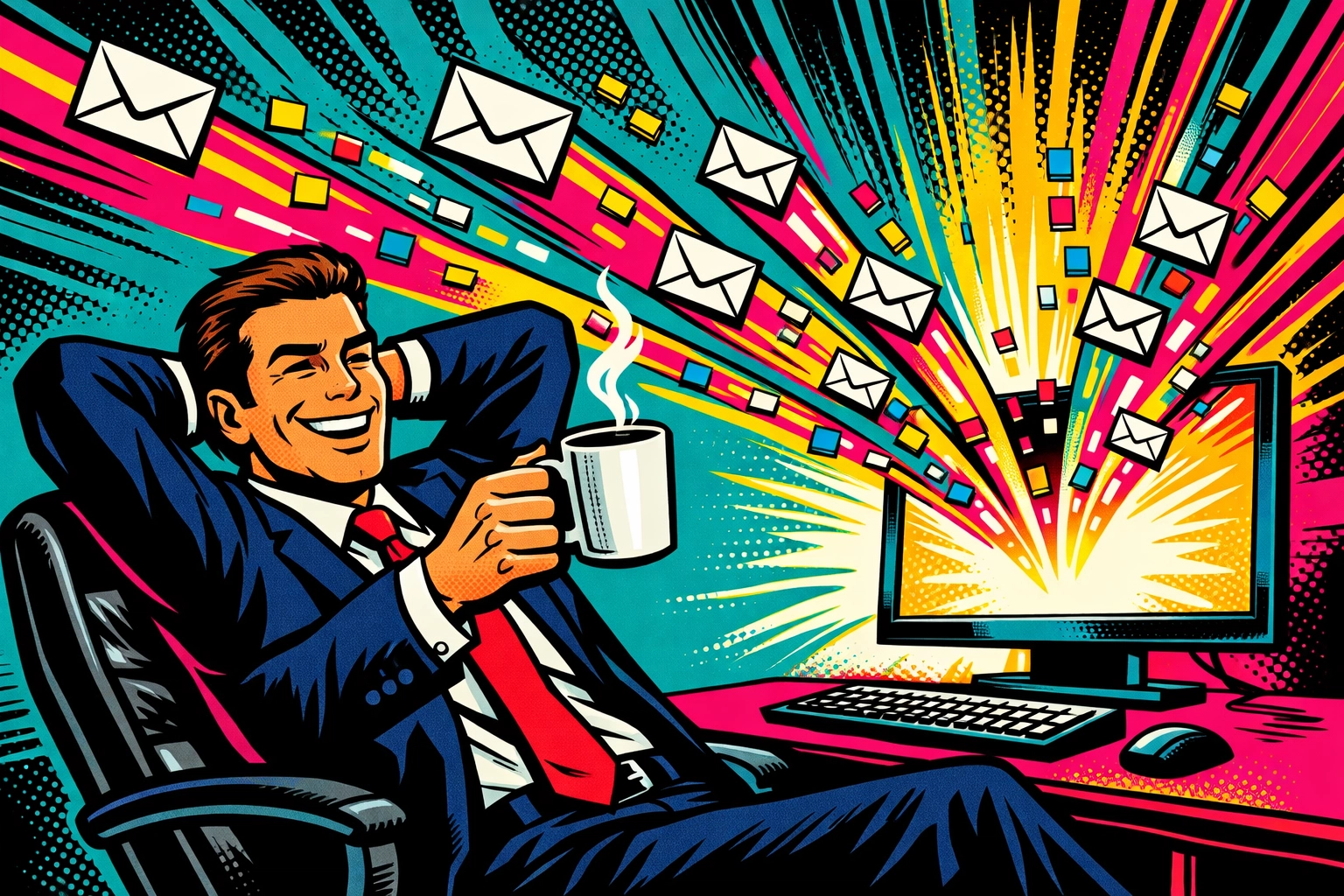 Business owner enjoying coffee while automating data entry for admin tasks.