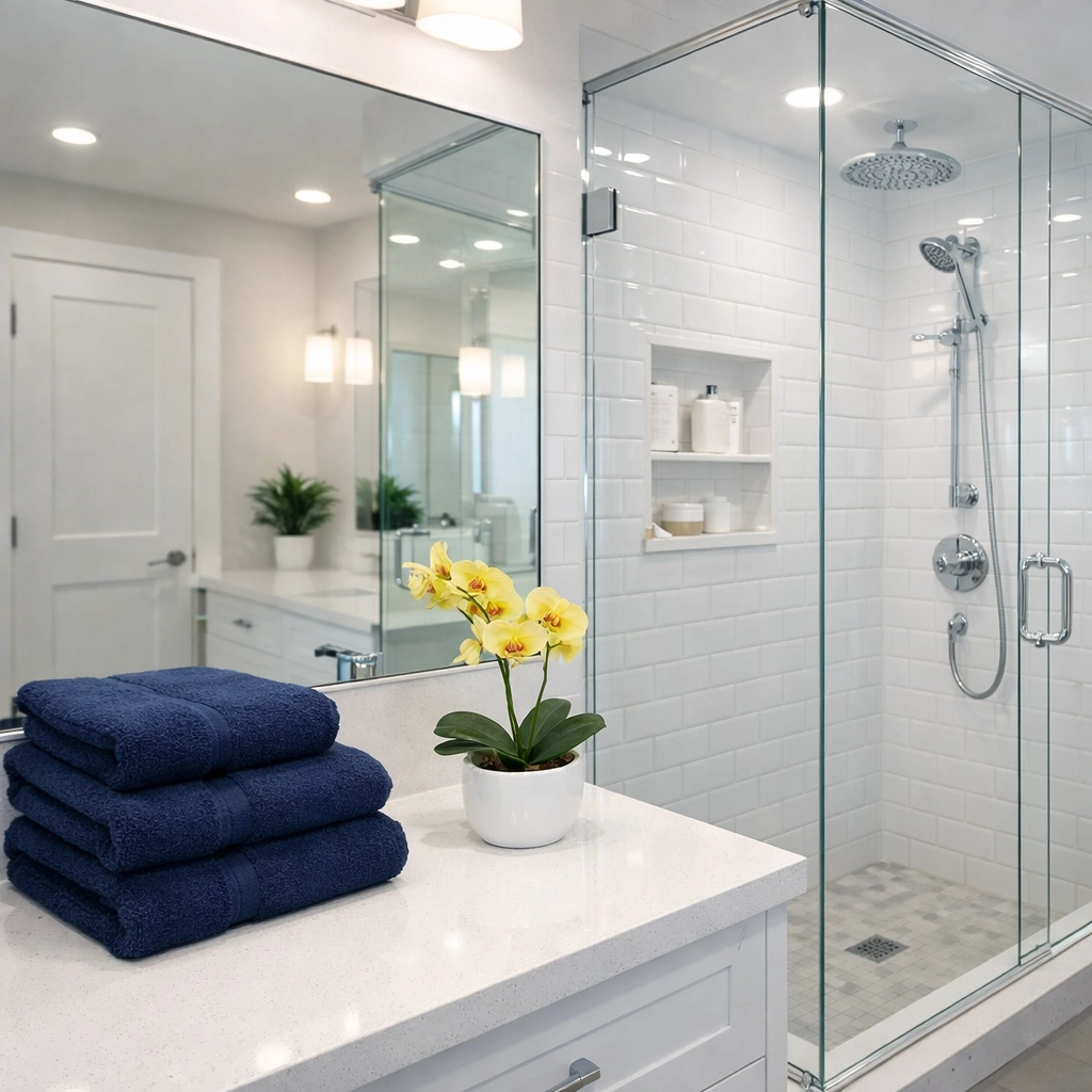 Sparkling clean master bathroom with white tiles and a streak-free mirror in a Stow residential property.