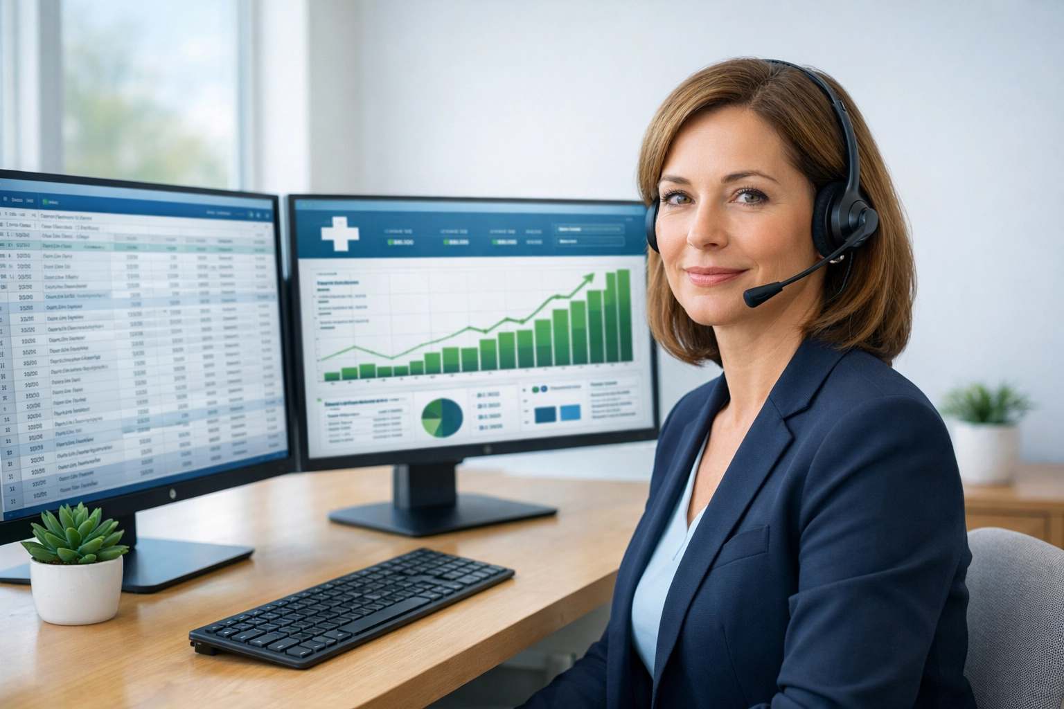 Healthcare billing expert monitoring revenue cycle financial reports on multiple computer screens.