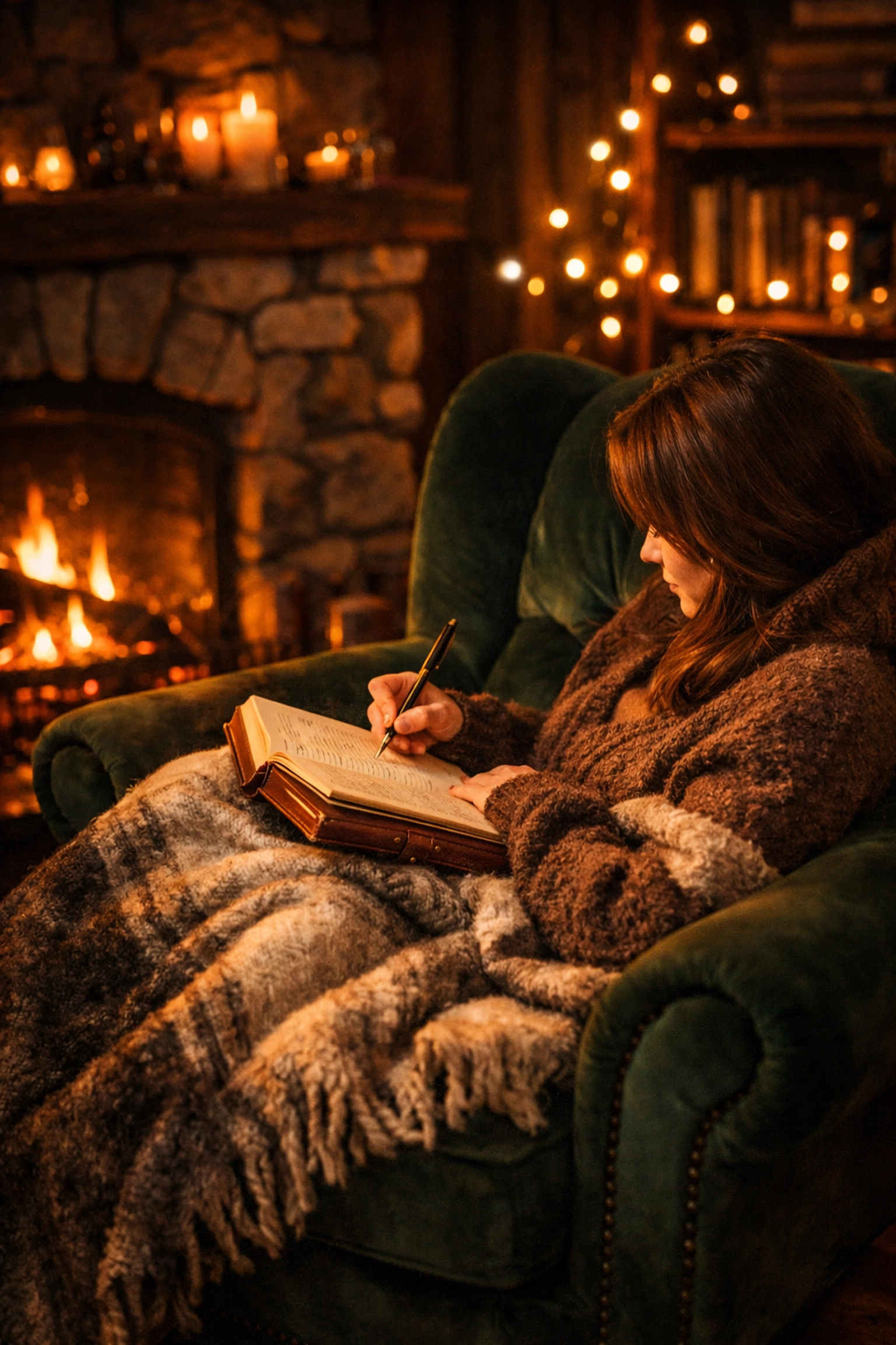 Quiet reflection in a cozy room as a woman journals by a glowing fireplace for her 50th birthday series.