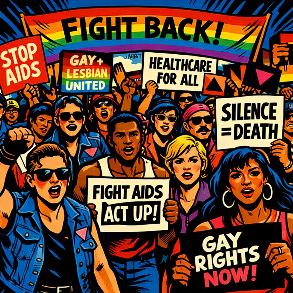 LGBTQ+ activists protesting and demanding action during 1980s AIDS crisis
