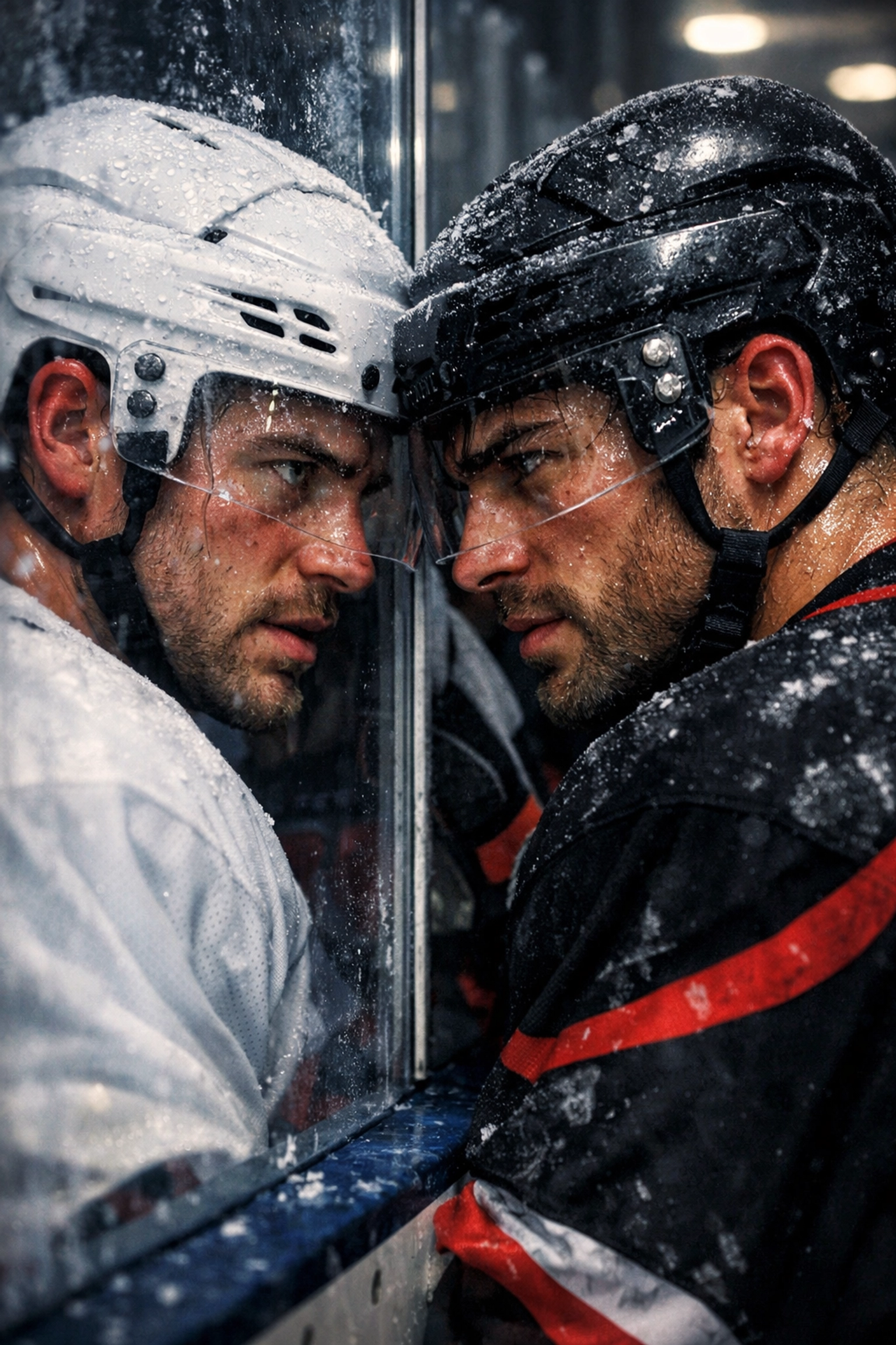 Rival hockey players in a high-tension scene from a spicy MM hockey romance book.