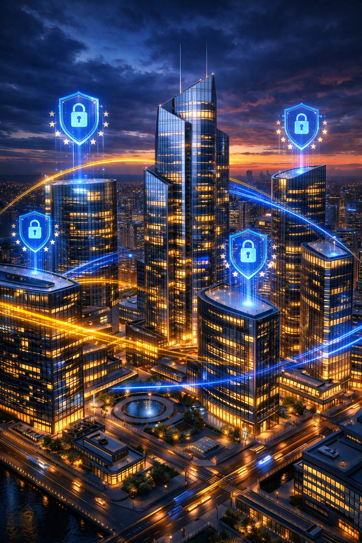 EU financial district with digital networks illustrating DORA compliance and regulatory oversight
