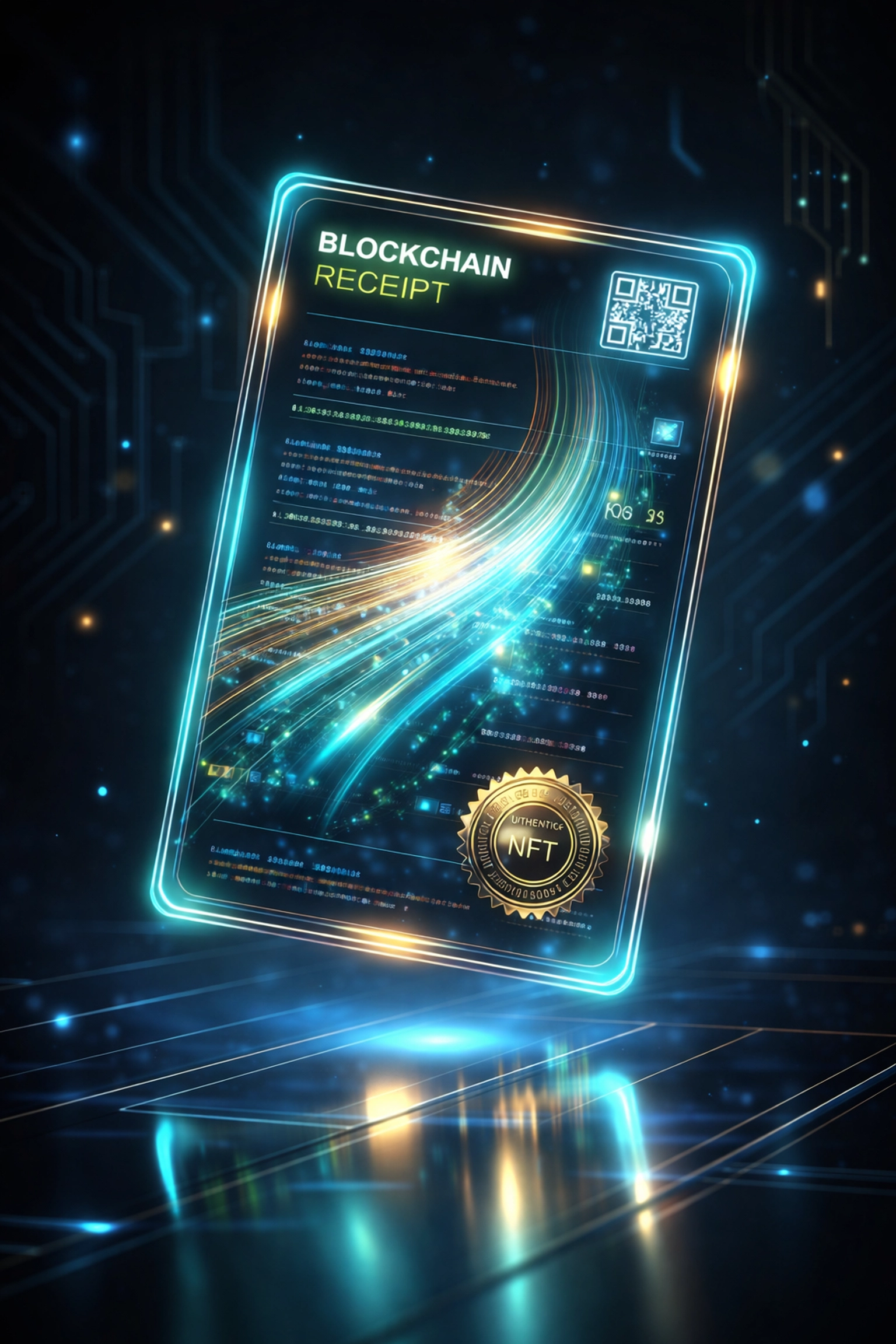 Glowing NFT blockchain receipt representing immutable crypto payment records for automated fee savings.