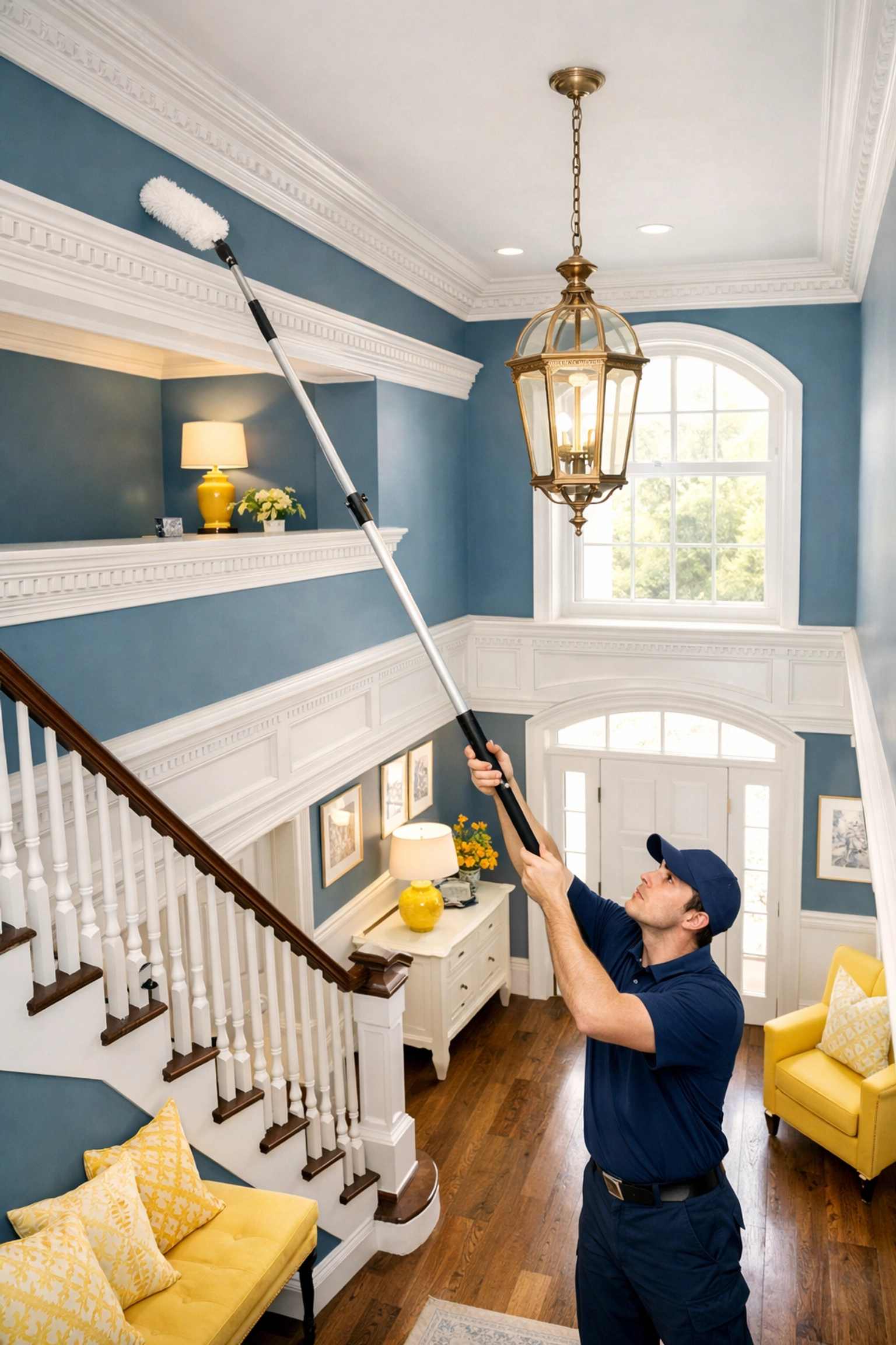 Professional house cleaner dusting high-reach ceilings during a deep cleaning in Marblehead foyer.